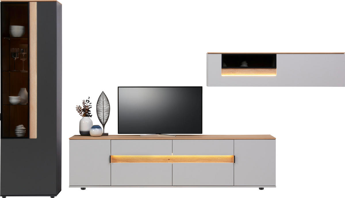 WOHNWAND  in Anthrazit, Eichefarben, Hellgrau 370/214,6/48 cm  - Eichefarben/Anthrazit, Design, Glas/Holz (370/214,6/48cm) - Dieter Knoll