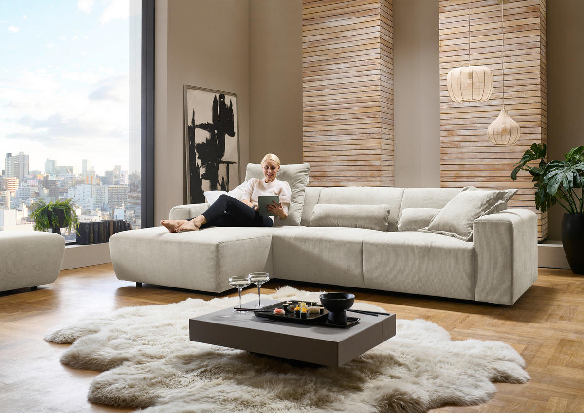 ECKSOFA Naturfarben Feincord  - Schwarz/Naturfarben, Design, Kunststoff/Textil (174/302cm) - Beldomo Style
