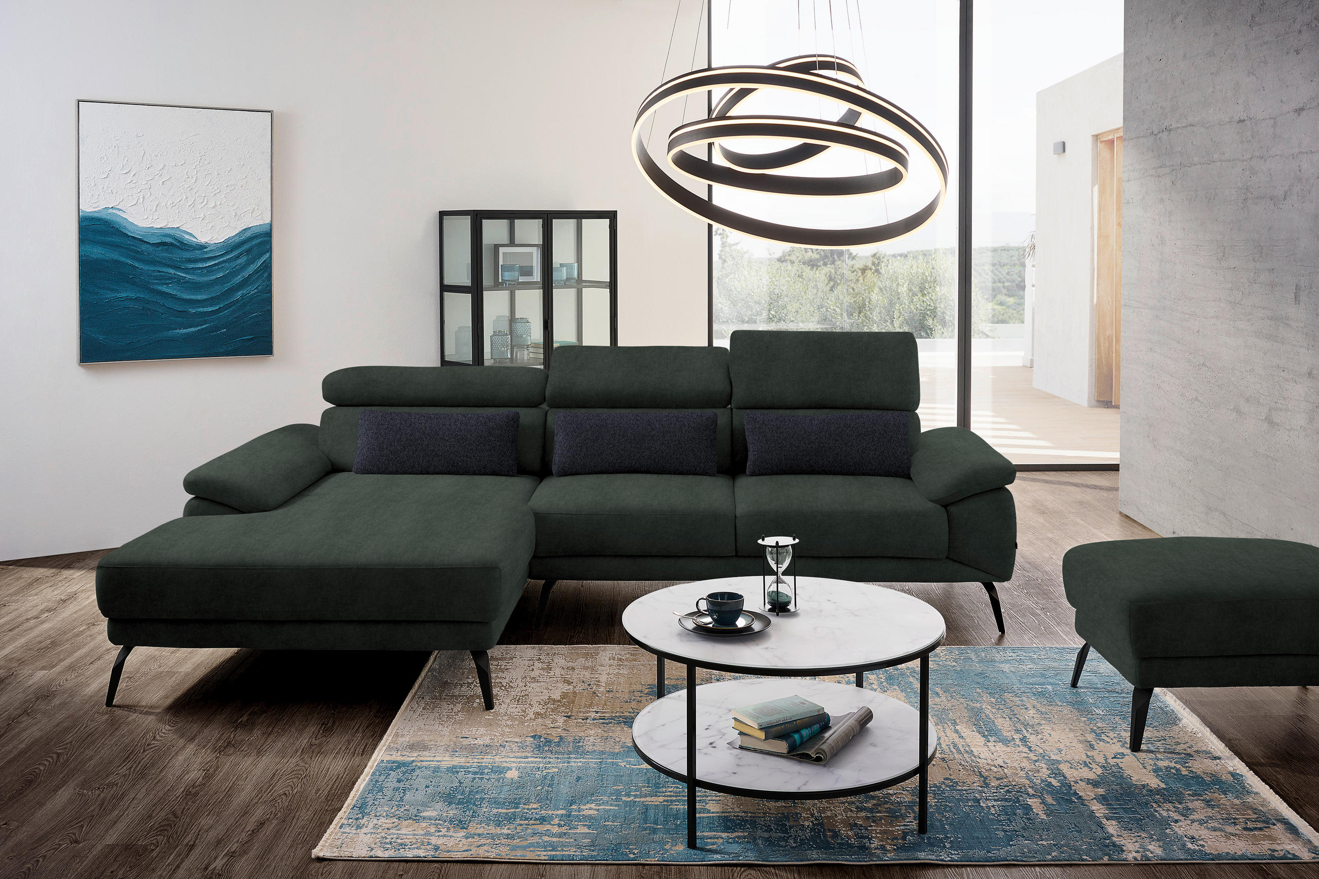 ECKSOFA in Velours Dunkelgrün  - Dunkelgrün/Schwarz, Design, Textil/Metall (187/295cm) - Novel