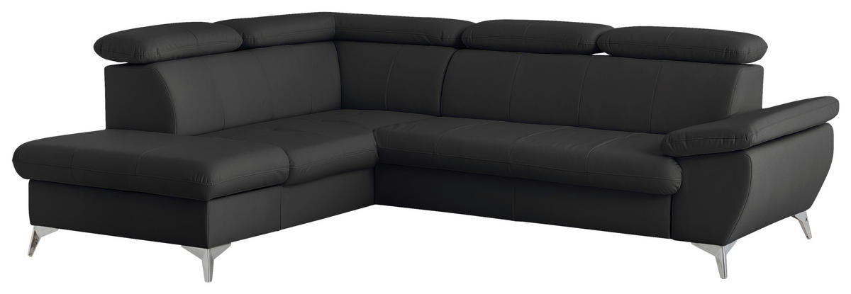 ECKSOFA Schwarz Lederlook  - Chromfarben/Schwarz, KONVENTIONELL, Textil/Metall (209/256cm) - Livetastic
