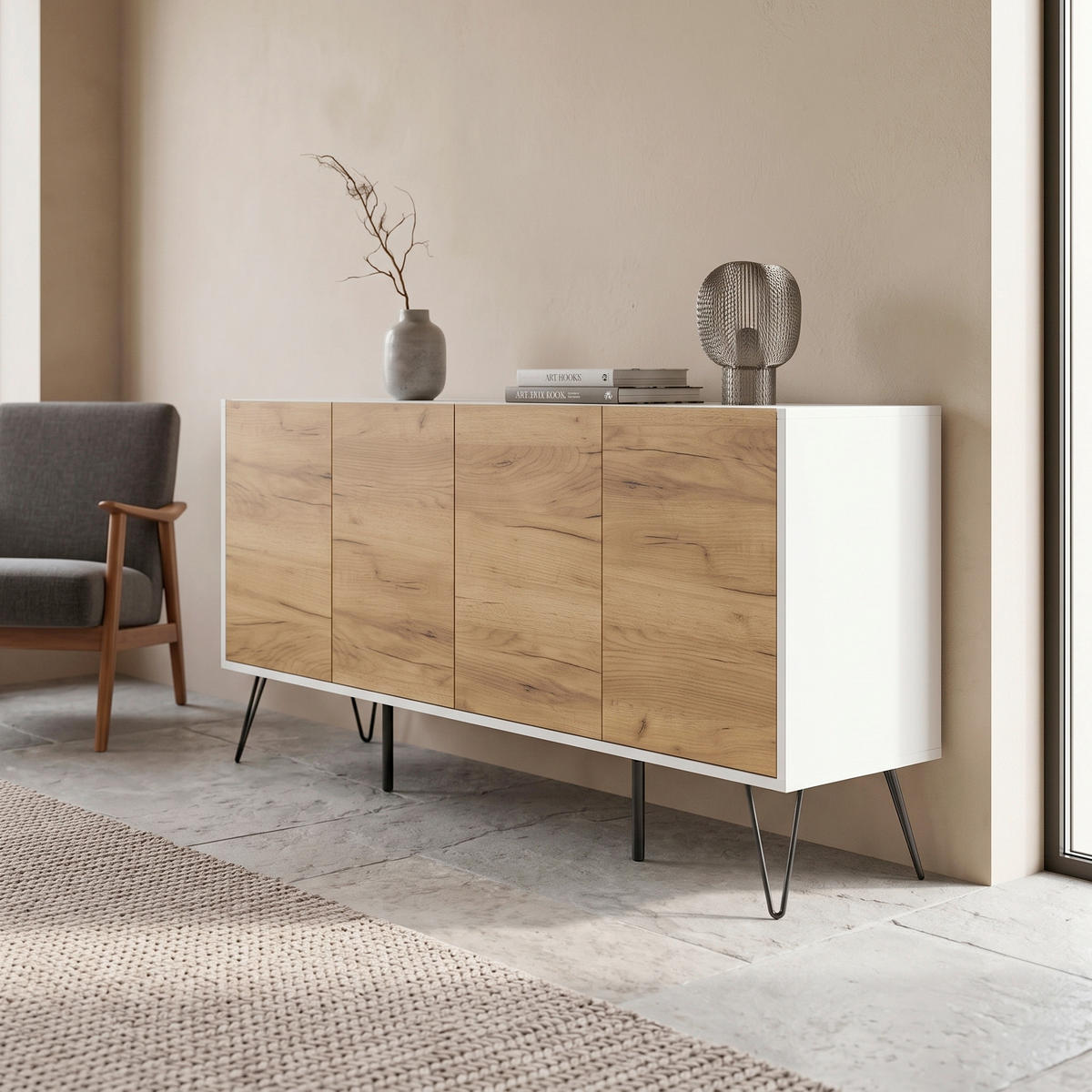 SIDEBOARD Posseik Industrial 155/75,8/42 cm  - Eichefarben/Weiß Hochglanz, Design, Holzwerkstoff/Metall (155/75,8/42cm) - MID.YOU