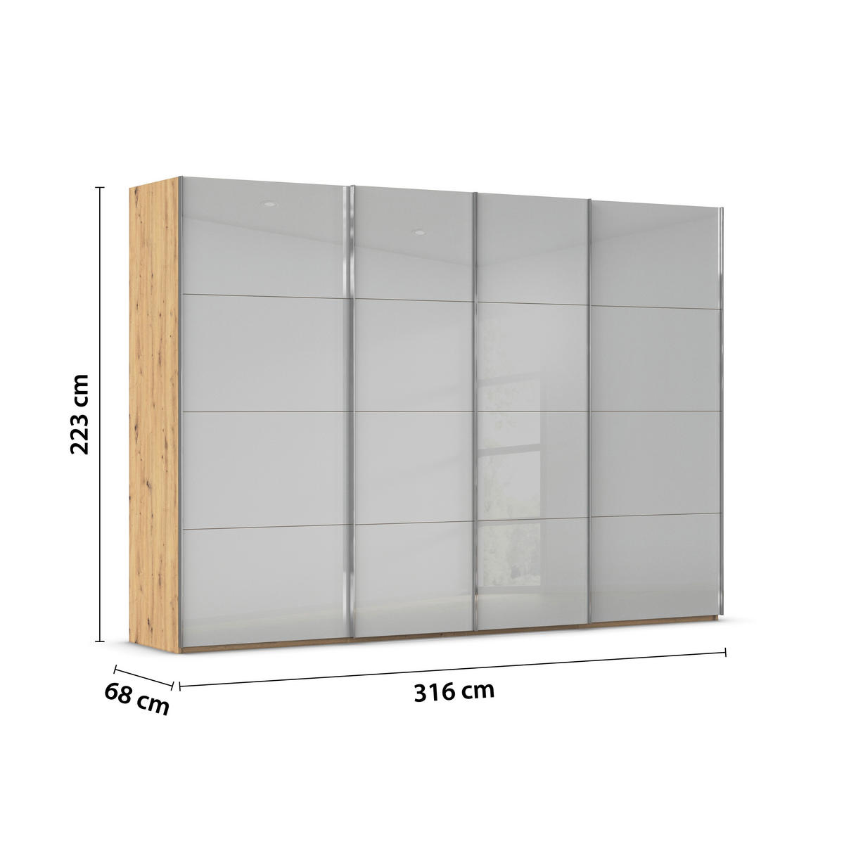 SCHWEBETÜRENSCHRANK 316/223/68 cm 4-türig Hellgrau, Eiche Artisan  - Chromfarben/Hellgrau, Design, Glas/Holzwerkstoff (316/223/68cm) - Novel