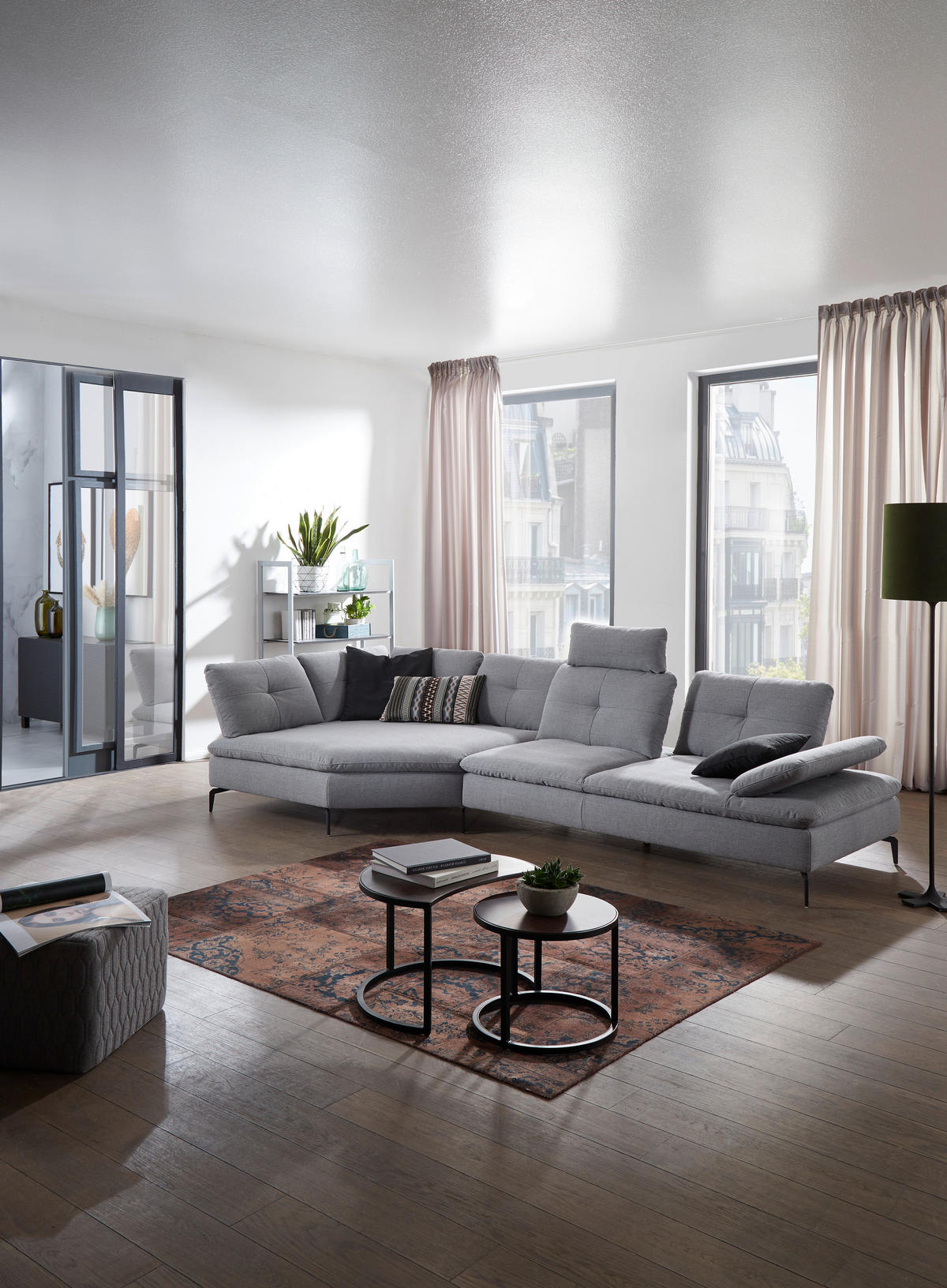 ECKSOFA Hellgrau Flachgewebe  - Hellgrau/Schwarz, Design, Textil/Metall (159/344cm) - Chilliano