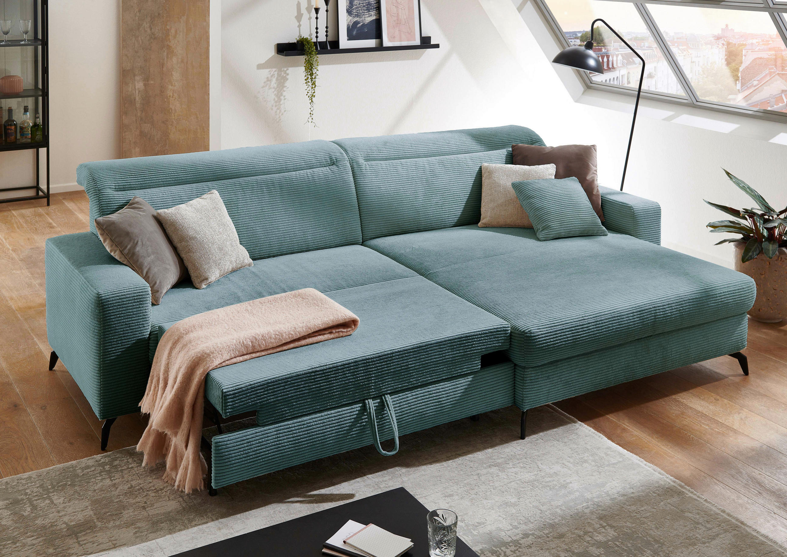 ECKSOFA in Cord Petrol - Petrol/Schwarz, Konventionell, Textil/Metall (290/178cm) - Sit & More