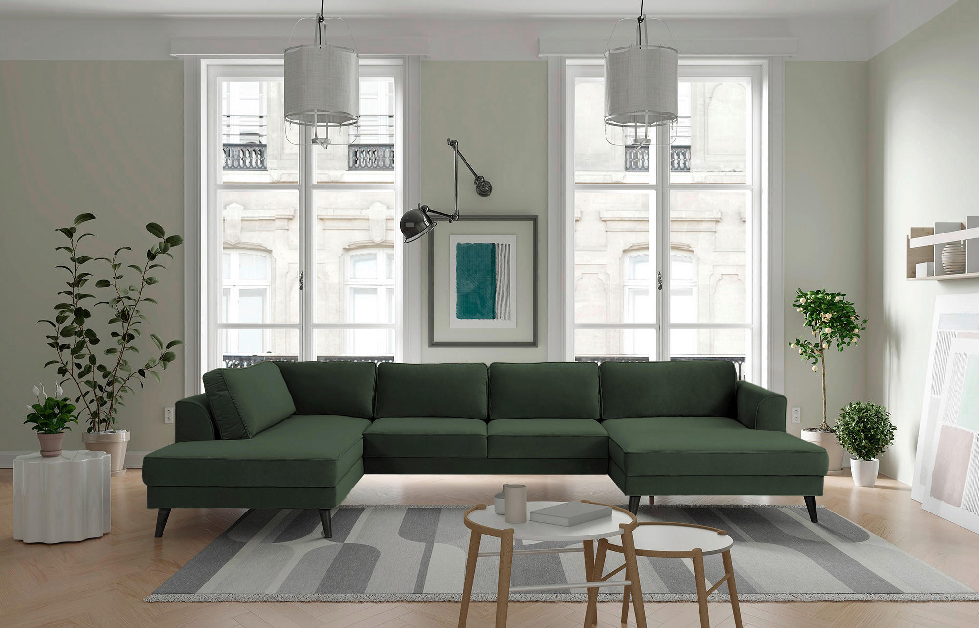 WOHNLANDSCHAFT Dunkelgrün Velours  - Wengefarben/Dunkelgrün, MODERN, Holz/Textil (201/348/169cm) - MID.YOU
