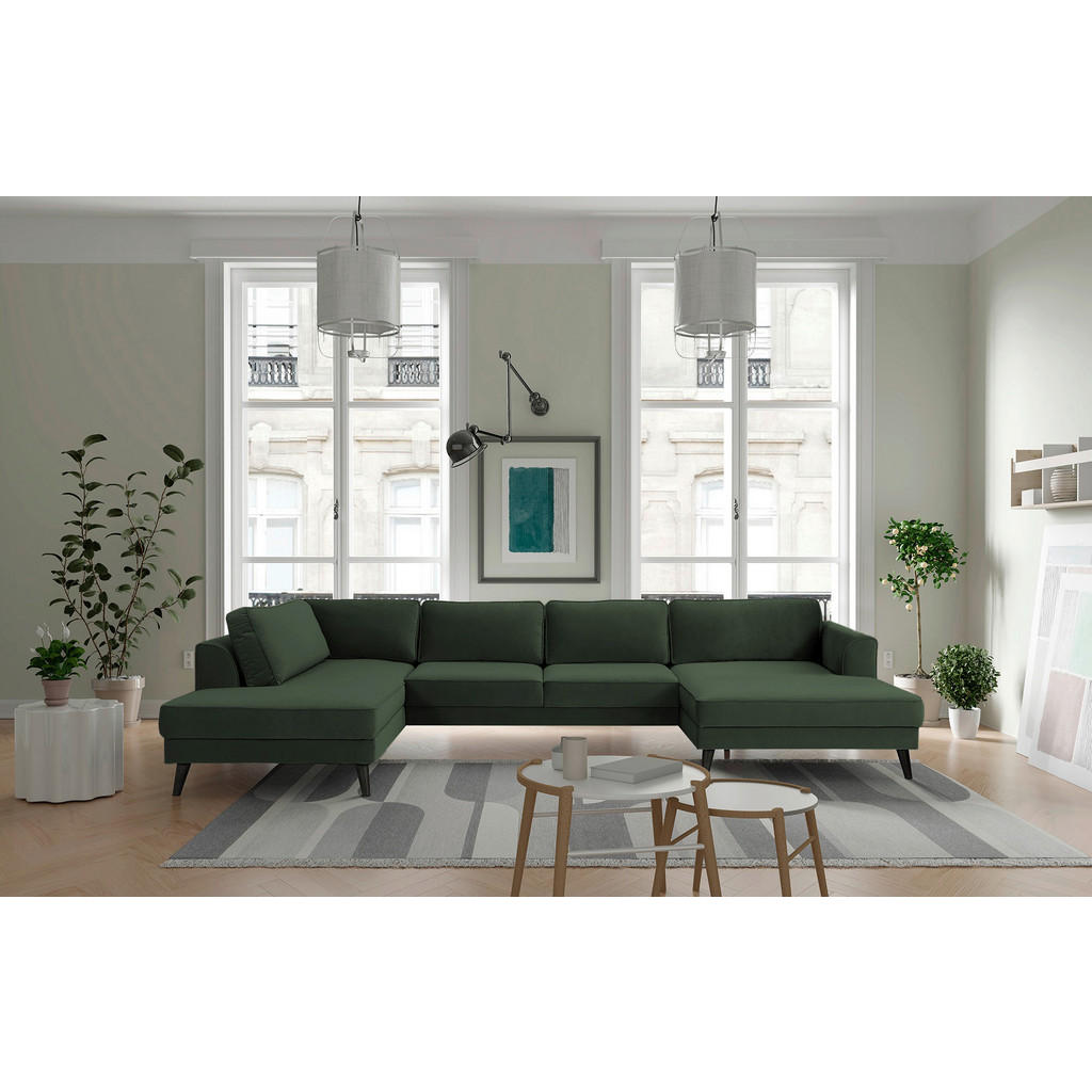 Thumbnail - Trendmanufaktur Wohnlandschaft Lumber Jack, Dunkelgrün, Textil, Wenge, 6-Sitzer, U-Form, 348x201 cm, Made in EU, Hocker ...