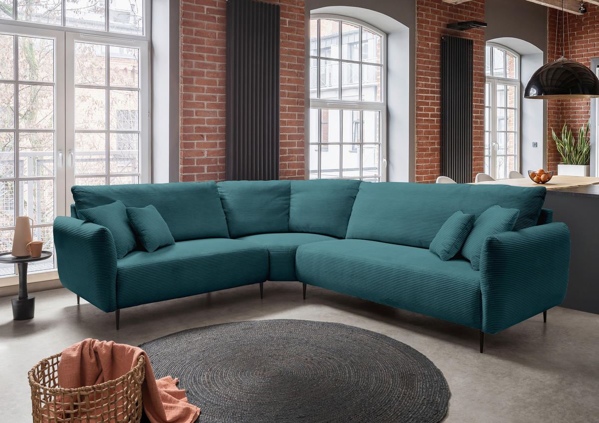 ECKSOFA Petrol Cord  - Petrol/Schwarz, Design, Textil/Metall (256/294cm) - Livetastic