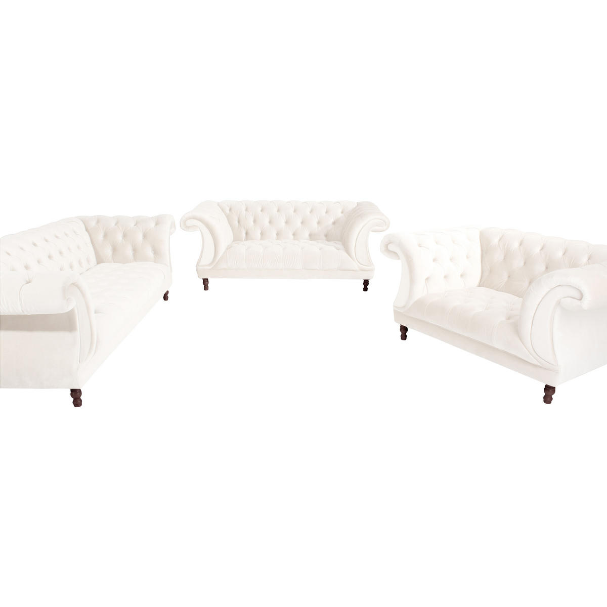 CHESTERFIELD-DREISITZER-SOFA Creme Velours  - Nussbaumfarben/Creme, Design, Holz/Textil (253/80/100cm) - Max Winzer