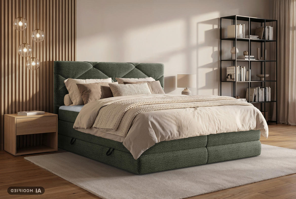 BOXSPRINGBETT 140/200 cm,  in Dunkelgrün, Bettkasten, Matratzen, H2 + H3 = mittel + fest  - Dunkelgrün/Schwarz, KONVENTIONELL, Kunststoff/Textil (140/200cm) - Carryhome