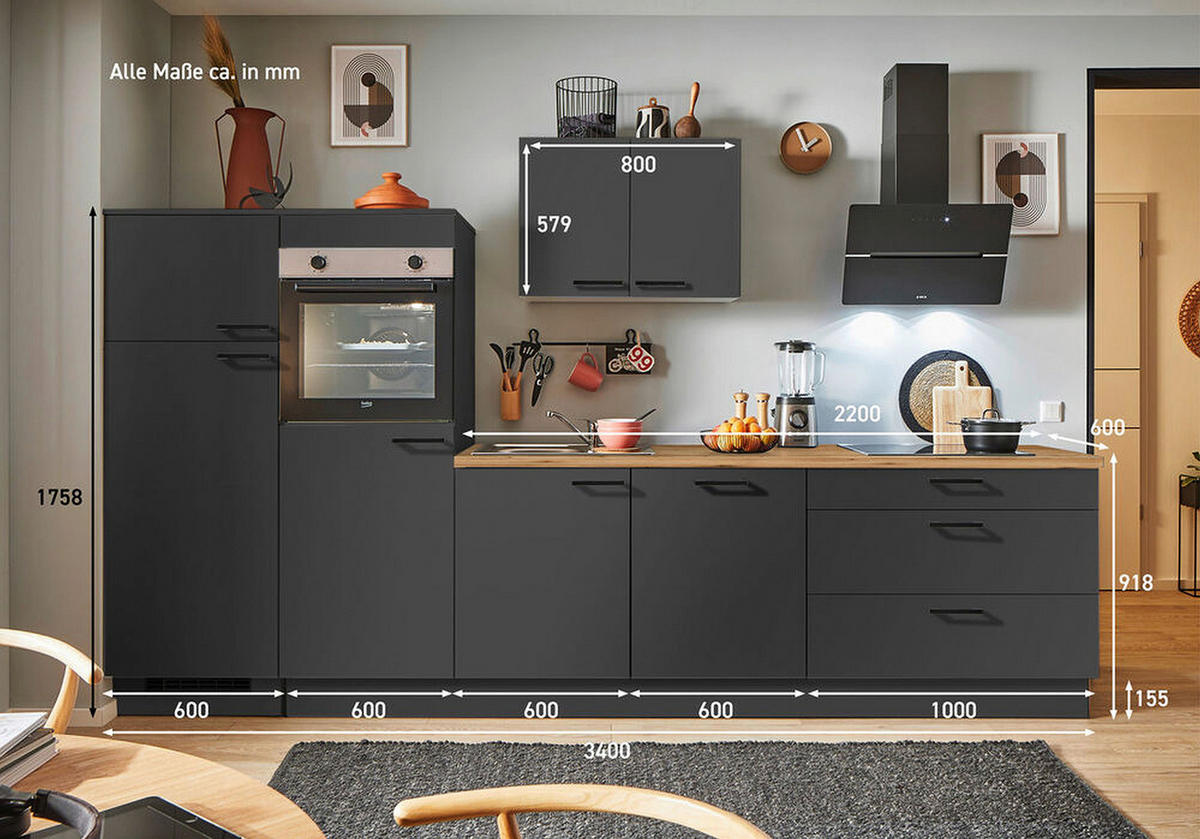 KÜCHENBLOCK PN 80 340 cm  in Graphitfarben, Eichefarben  - Eichefarben/Schwarz, Design, Holzwerkstoff/Metall (340cm) - Pino