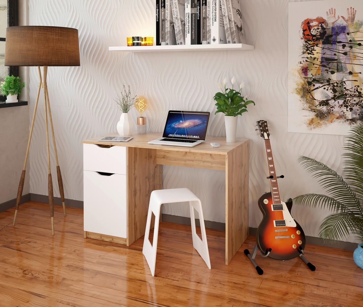 PÍSACÍ STÔL, biela, farba duba, 116,4/76/60 cm - biela/farba duba, Konventionell, kompozitné drevo (116,4/76/60cm) - Carryhome