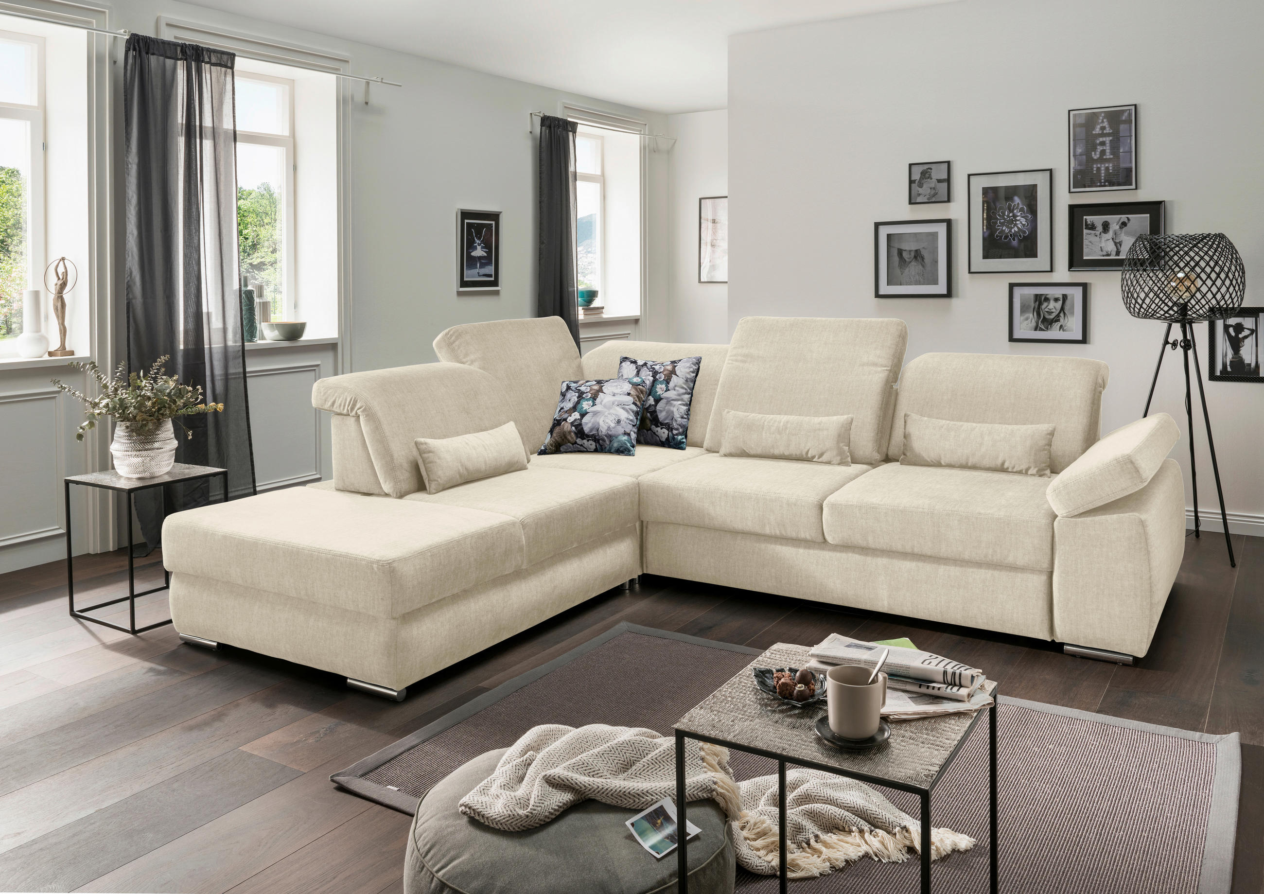 ECKSOFA mit Schlaffunktion Creme Velours  - Chromfarben/Creme, MODERN, Textil/Metall (250/297cm) - Livetastic