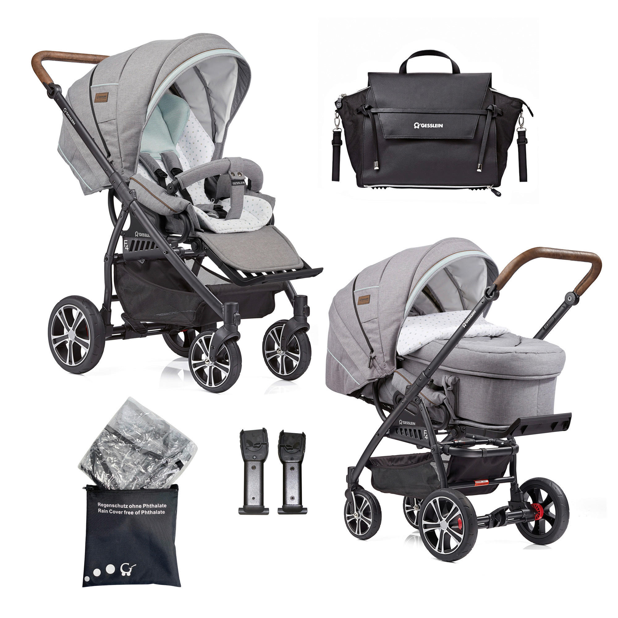 KINDERWAGENSET  F4 Air+   - Hellgrau/Schwarz, Basics, Textil/Metall (57/129/100cm) - Gesslein