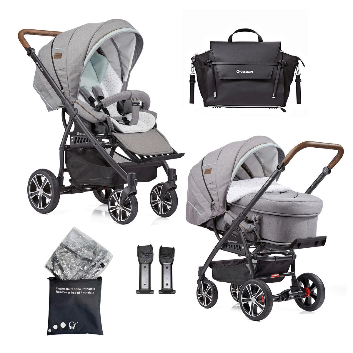 KINDERWAGENSET  F4 Air+   - Hellgrau/Schwarz, Basics, Textil/Metall (57/129/100cm) - Gesslein