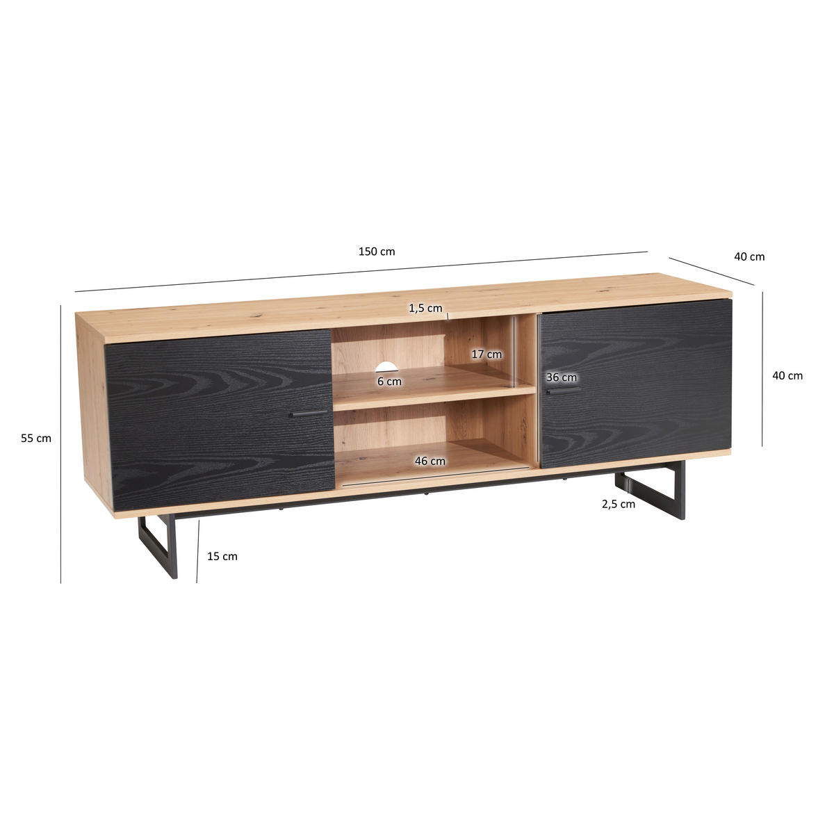 LOWBOARD  in 150/55/40 cm  - Eichefarben/Schwarz, Design, Holzwerkstoff/Metall (150/55/40cm) - Livetastic