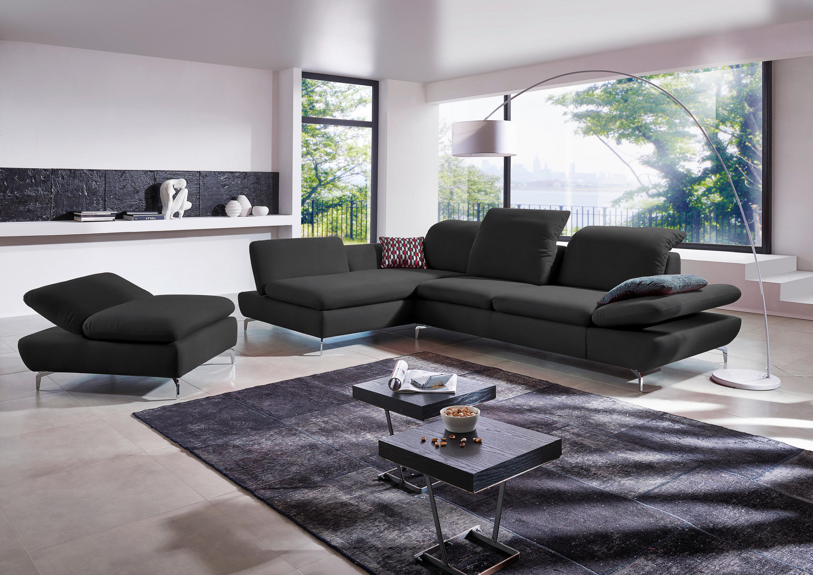 ECKSOFA in Echtleder Graphitfarben  - Silberfarben/Graphitfarben, Design, Leder/Metall (200/315cm) - Chilliano