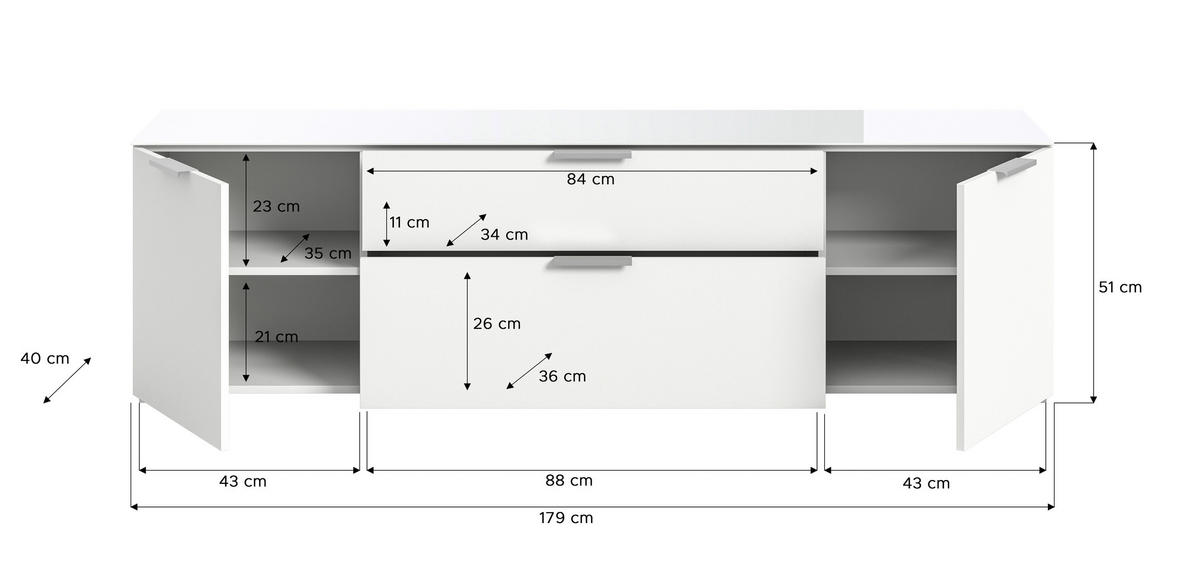 TV KOMODA   179/51/40 cm   bijela   - bijela/srebrne boje, Design, staklo/drvni materijal (179/51/40cm) - Modern Living