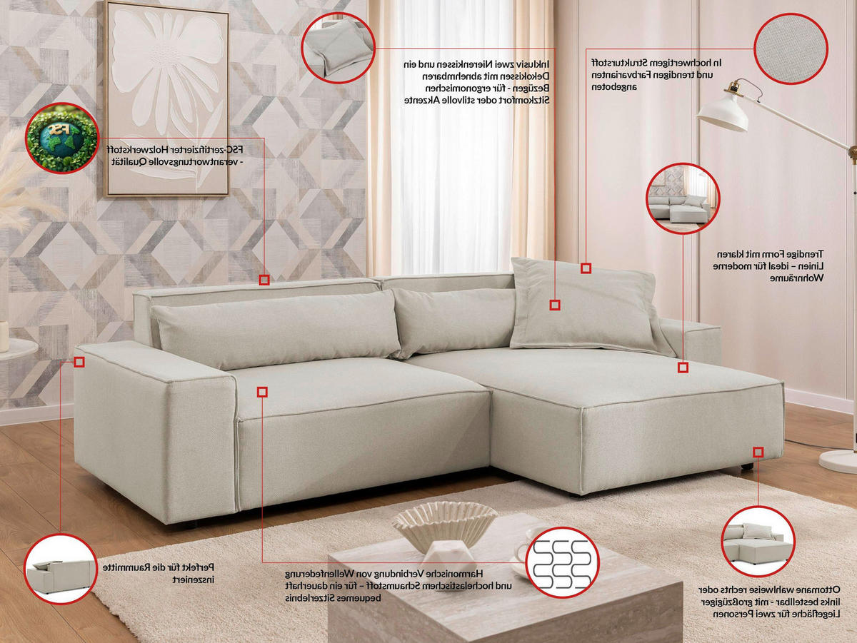 ECKSOFA Webstoff Beige  - Beige/Schwarz, Design, Kunststoff/Textil (251/142cm) - P & B