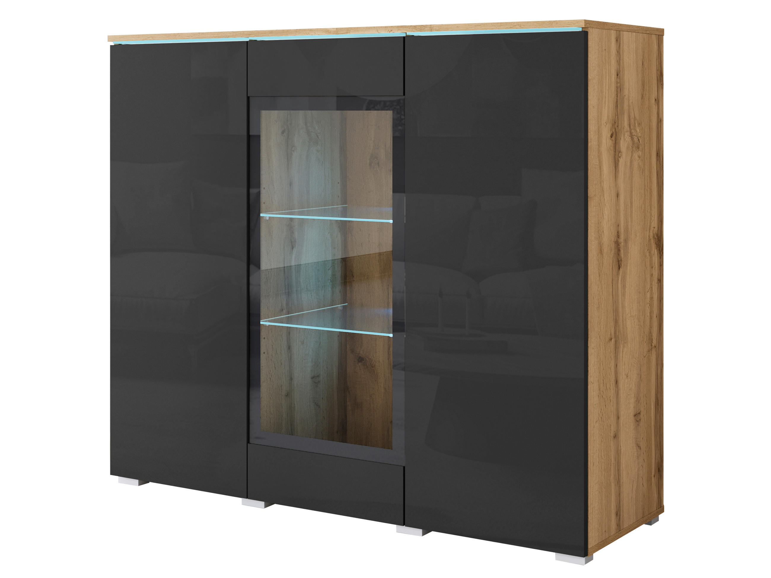 HIGHBOARD Vera, 120/103,3/39,5 cm,  - Schwarz Hochglanz/Eiche Wotan, Trend, Glas/Holzwerkstoff (120/103,3/39,5cm) - P & B