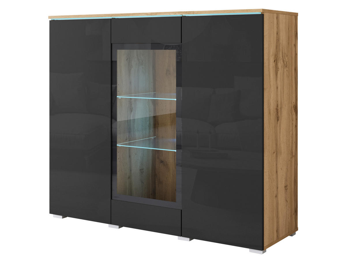 HIGHBOARD Vera, 120/103,3/39,5 cm,  - Schwarz Hochglanz/Eiche Wotan, Trend, Glas/Holzwerkstoff (120/103,3/39,5cm) - P & B
