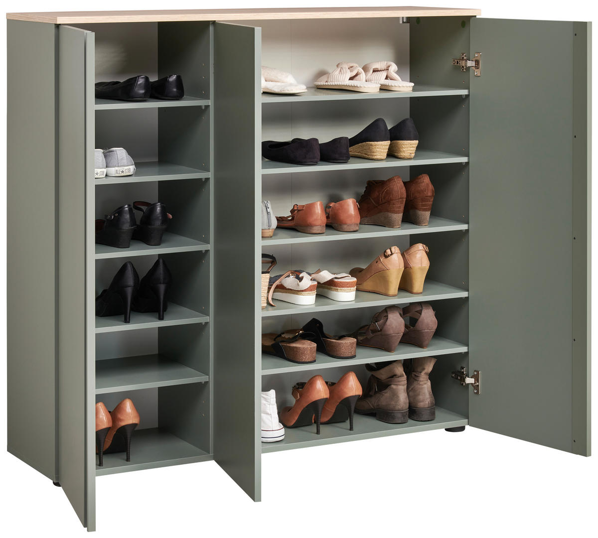 SCHUHSCHRANK Grün, Eichefarben  - Eichefarben/Schwarz, Design, Holzwerkstoff/Kunststoff (120,3/113,2/34cm) - Voleo