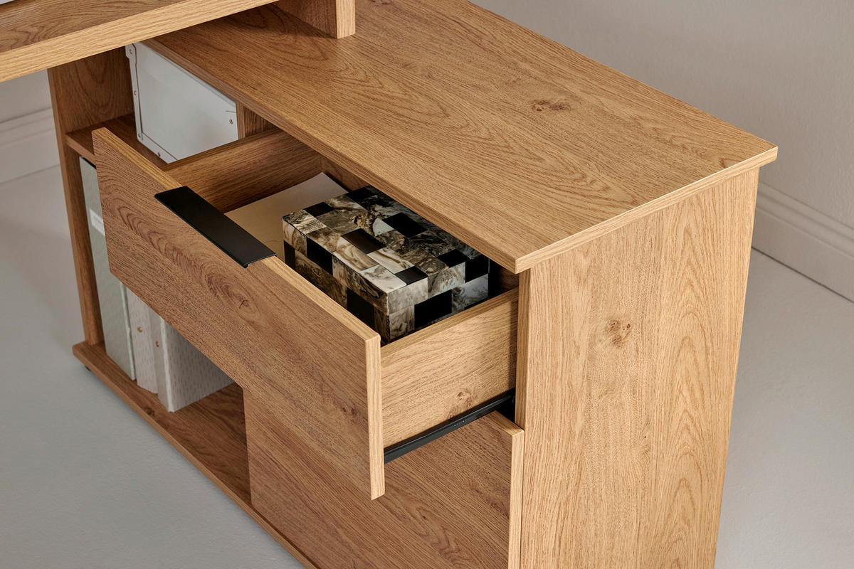 ECKSCHREIBTISCH 140/95/76 cm Eichefarben Kabeldurchlass, Stauraum, seitenverkehrt montierbar, in verschiedenen Holz-Dekoren erhältlich  - Eichefarben/Schwarz, MODERN, Holzwerkstoff/Metall (140/95/76cm) - MID.YOU