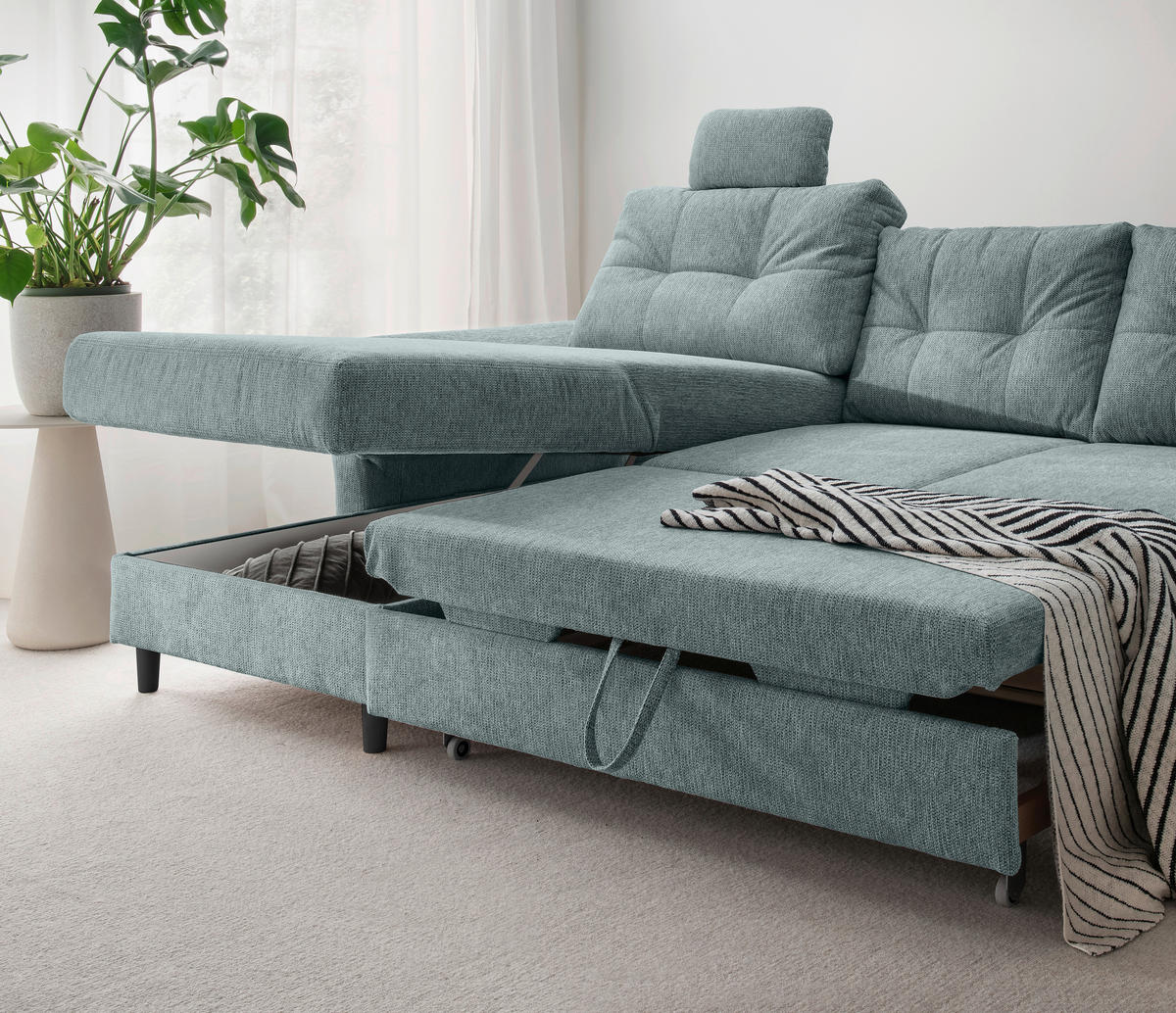 WOHNLANDSCHAFT in Chenille Blau  - Blau/Schwarz, Modern, Holz/Textil (176/338/206cm) - Livetastic