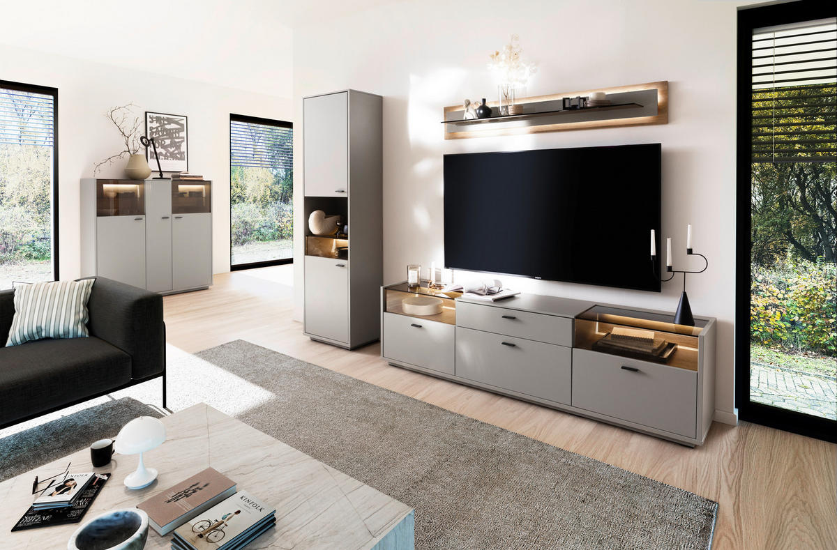 REGAL ZA DNEVNI BORAVAK siva, boje hrasta   - siva/boje hrasta, Moderno, staklo/drvni materijal (271/200/44cm) - Stylife