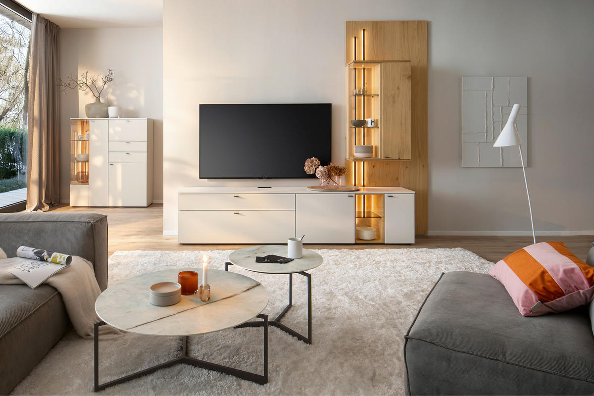 WOHNWAND  Weiss, Wildeiche 270/241/43 cm  - Wildeiche/Weiss, Design, Glas/Holz (270/241/43cm) - Venjakob