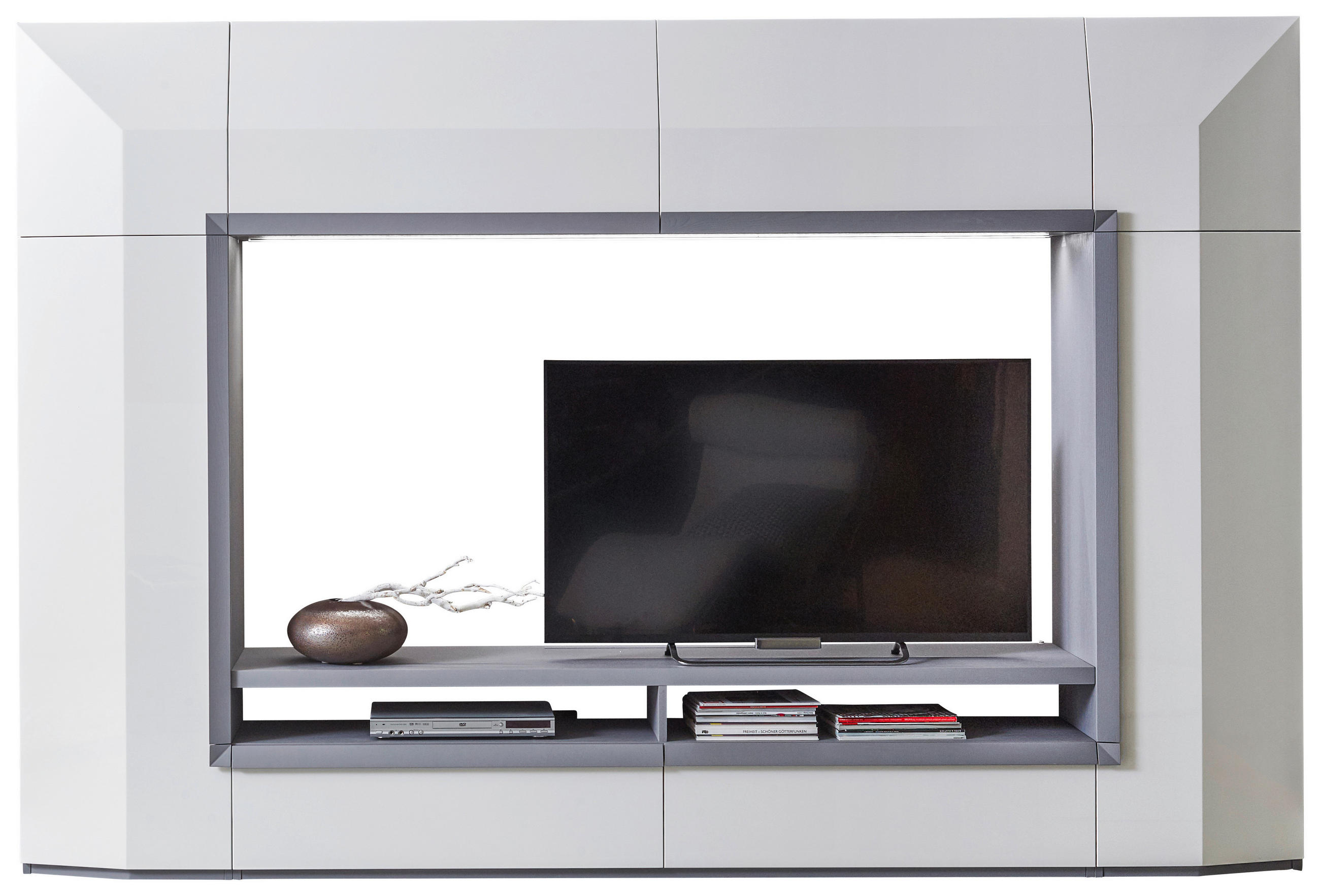 WOHNWAND  in Graphitfarben, Weiß  300/200/50 cm  - Schwarz/Graphitfarben, Design, Glas/Holz (300/200/50cm) - Ambiente