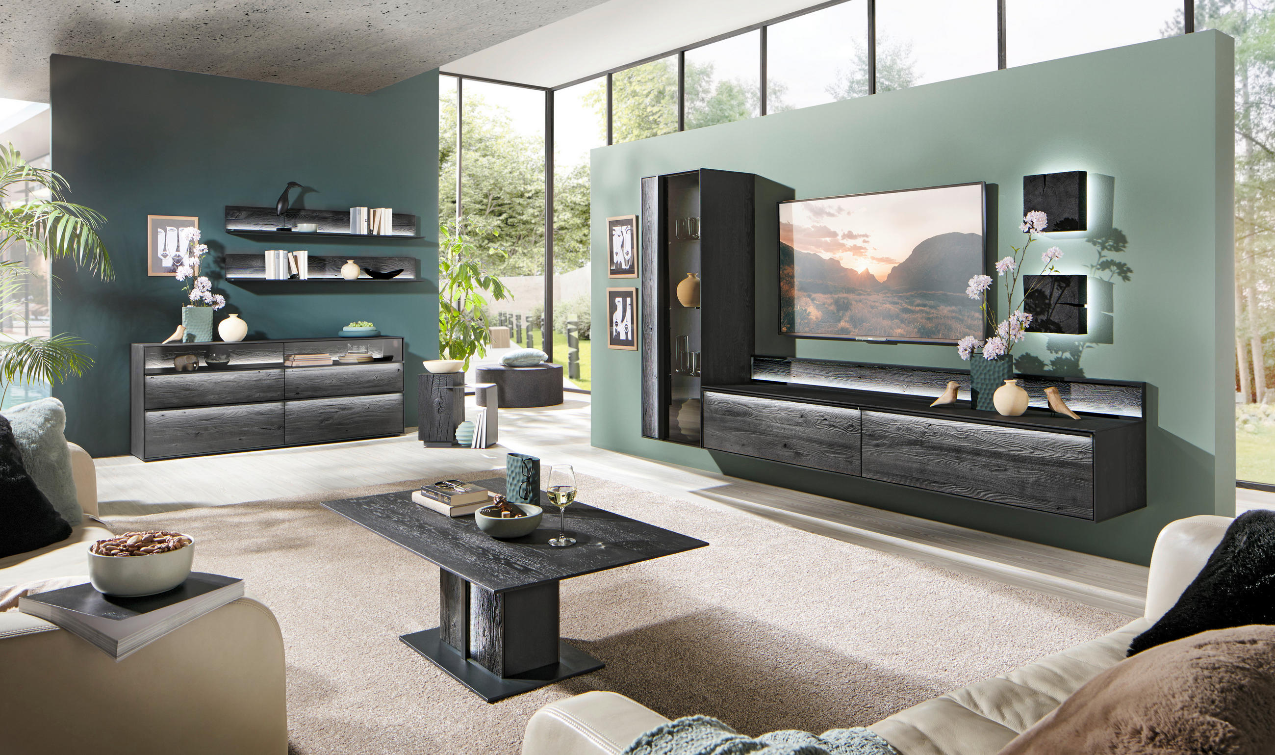 WOHNWAND  in Anthrazit  287/187/44 cm  - Anthrazit/Schwarz, Design, Glas/Holz (287/187/44cm) - Johann Jakob