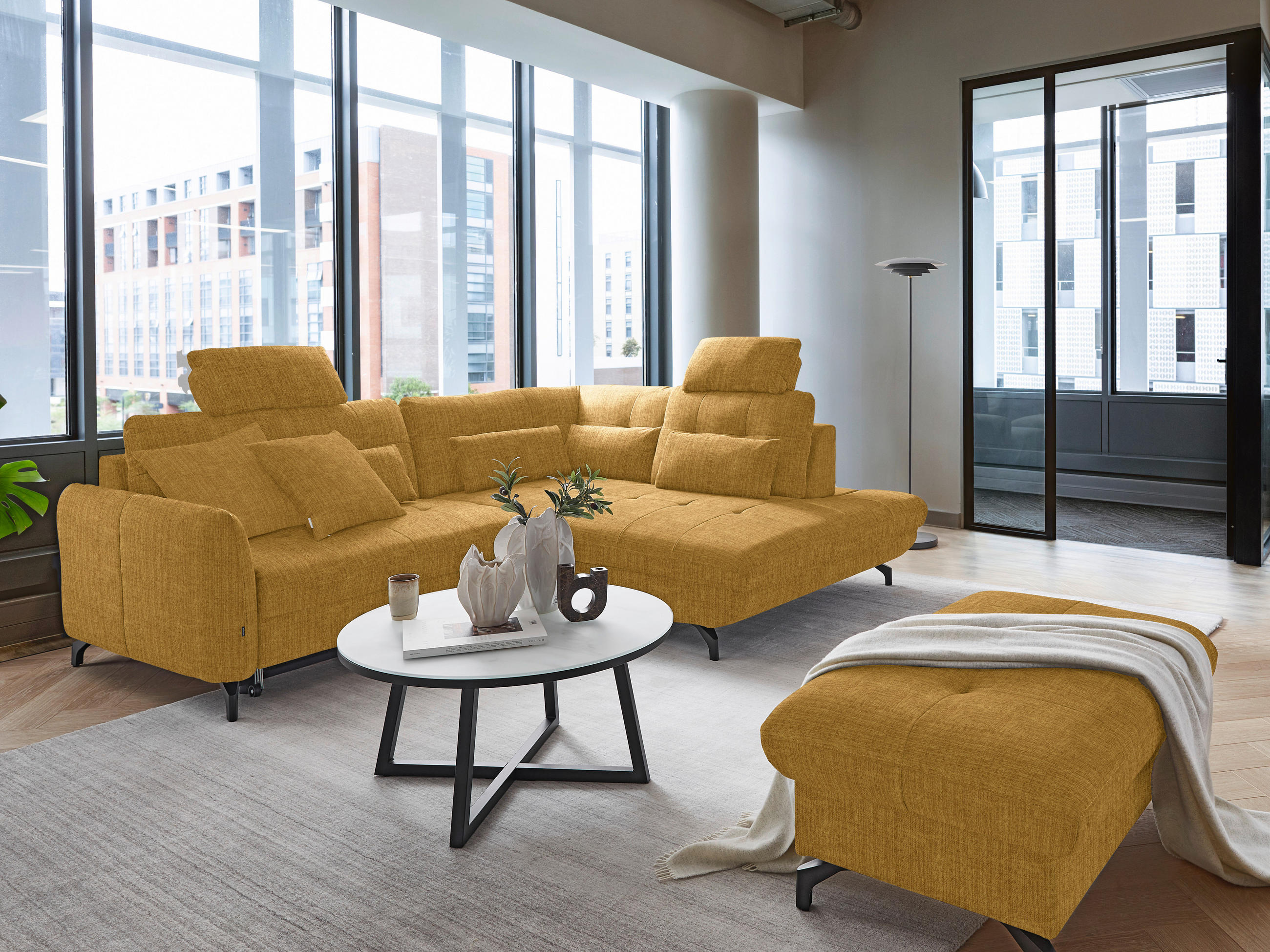 ECKSOFA in Flachgewebe, Leinenoptik Currygelb  - Currygelb/Schwarz, Modern, Textil/Metall (247/208cm) - Xora