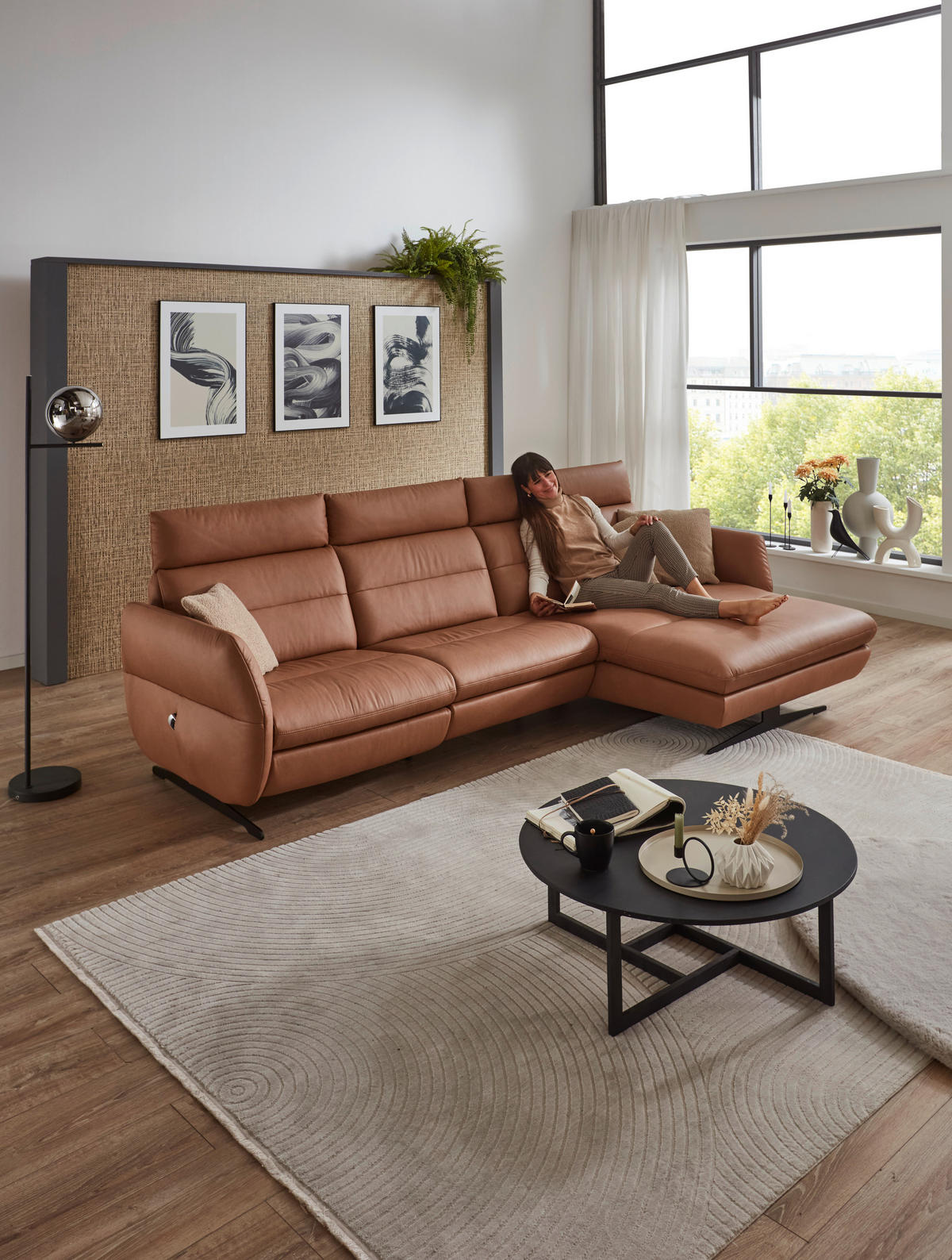 ECKSOFA in Echtleder Haselnussfarben  300/157 cm  - Schwarz/Haselnussfarben, Design, Leder/Metall (300/157cm) - Dieter Knoll