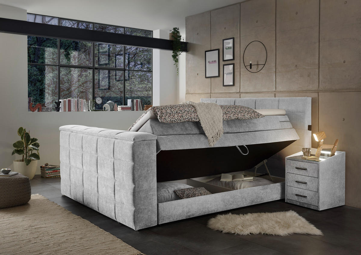 BOXSPRINGBETT 180/200 cm,  in Silberfarben, Matratze, Bettkasten, Topper, Fernbedienung, unterschiedliche Matratzenhärtegrade je Bettseite, Wendematratze mit unterschiedlichen Härtegraden, H2 + H3 = mittel + fest  - Silberfarben, KONVENTIONELL, Textil (180/200cm) - Boxxx