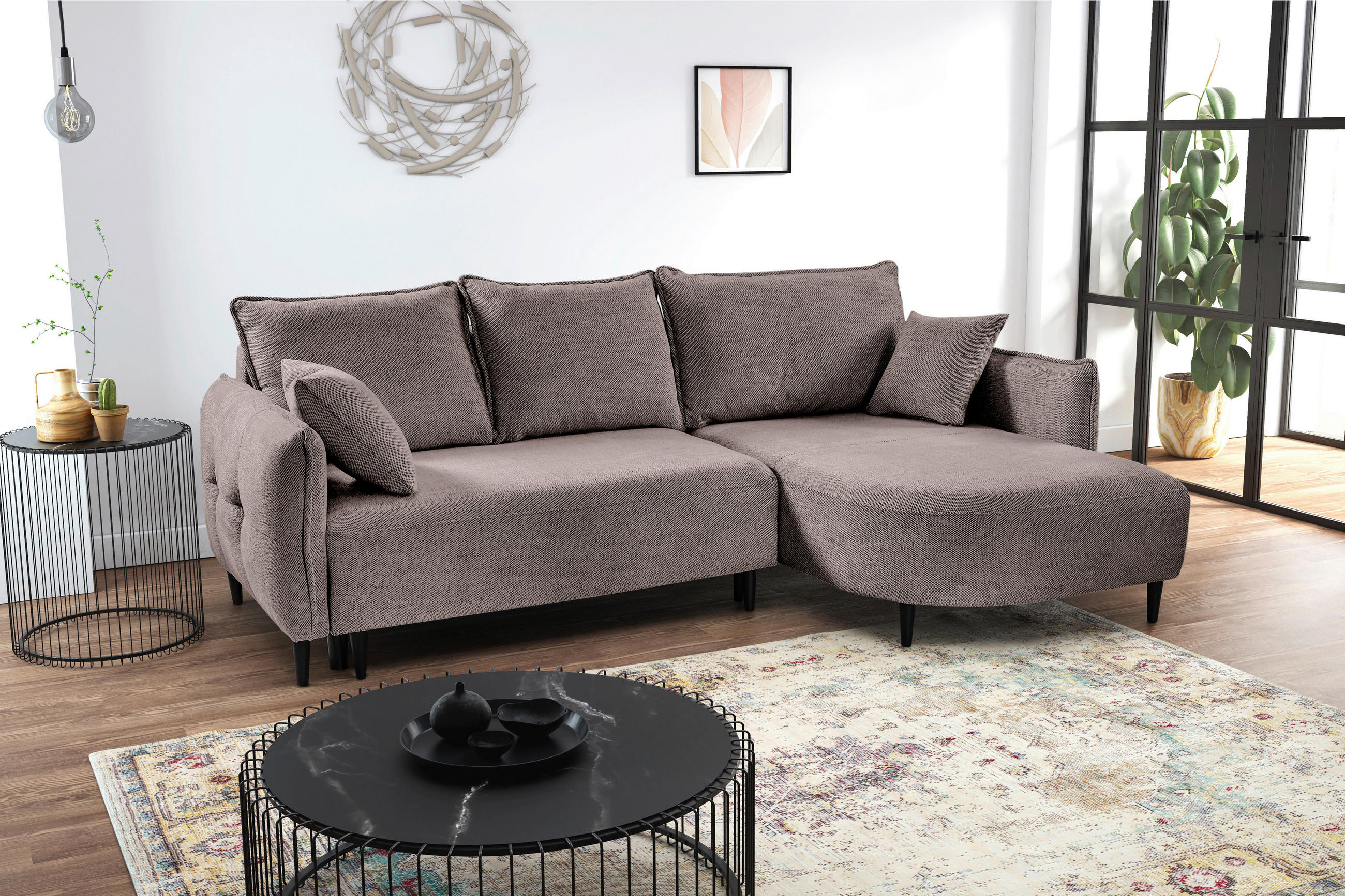 ECKSOFA Taupe Struktur  - Taupe/Schwarz, Design, Holz/Textil (244/165cm) - MID.YOU