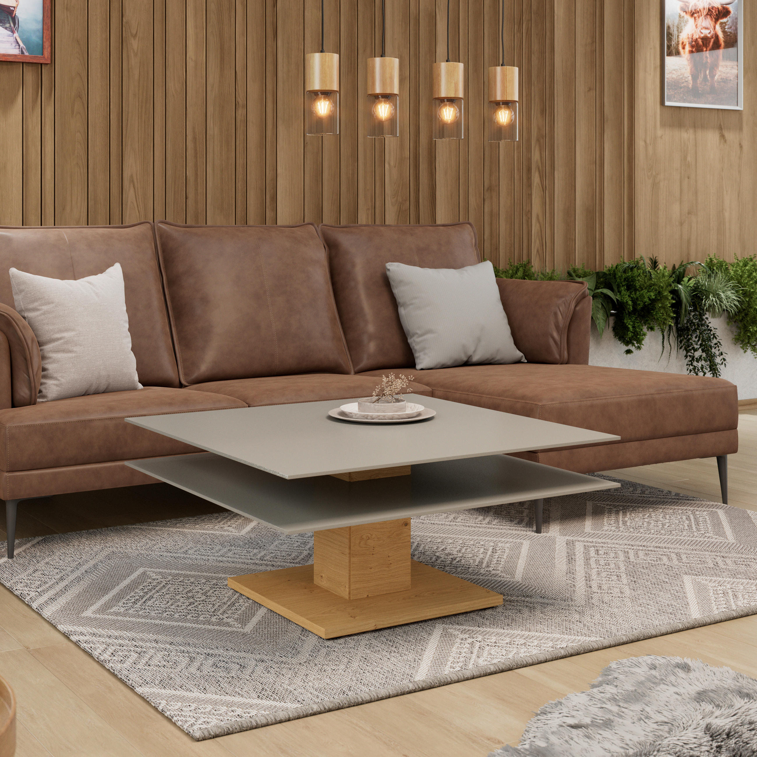 COUCHTISCH Wildeiche furniert, massiv Farbglas 90/90/43 cm quadratisch Grau, Eichefarben  - Eichefarben/Grau, Design, Glas/Holz (90/90/43cm) - Voglauer