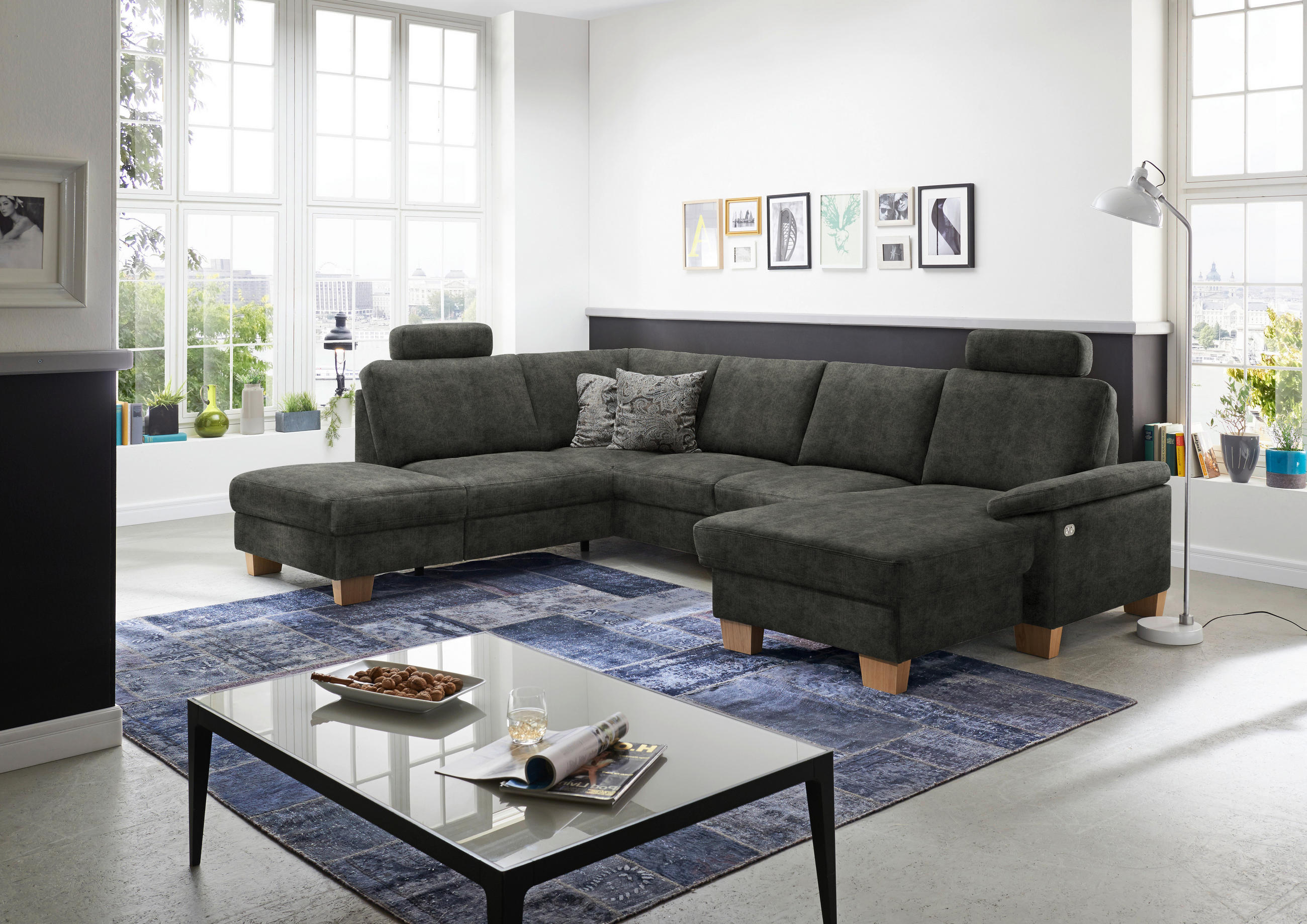 WOHNLANDSCHAFT in Velours Dunkelgrau  - Eichefarben/Dunkelgrau, KONVENTIONELL, Holz/Textil (235/316/167cm) - Beldomo System