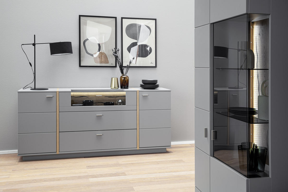 SIDEBOARD 196/87/44 cm  in Grau, Eichefarben  - Eichefarben/Grau, Design, Glas/Holzwerkstoff (196/87/44cm) - MID.YOU