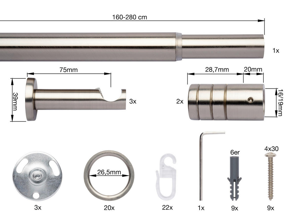 VORHANGSTANGENSET  160 cm  - Seidengrau, Basics, Metall (160cm)