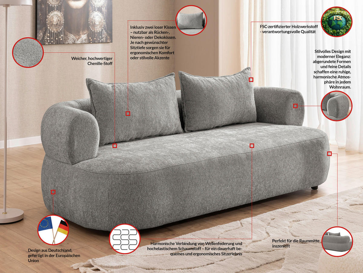 3-SITZER-SOFA in Chenille Grau  - Schwarz/Grau, Design, Kunststoff/Textil (200/76/96cm) - Livetastic