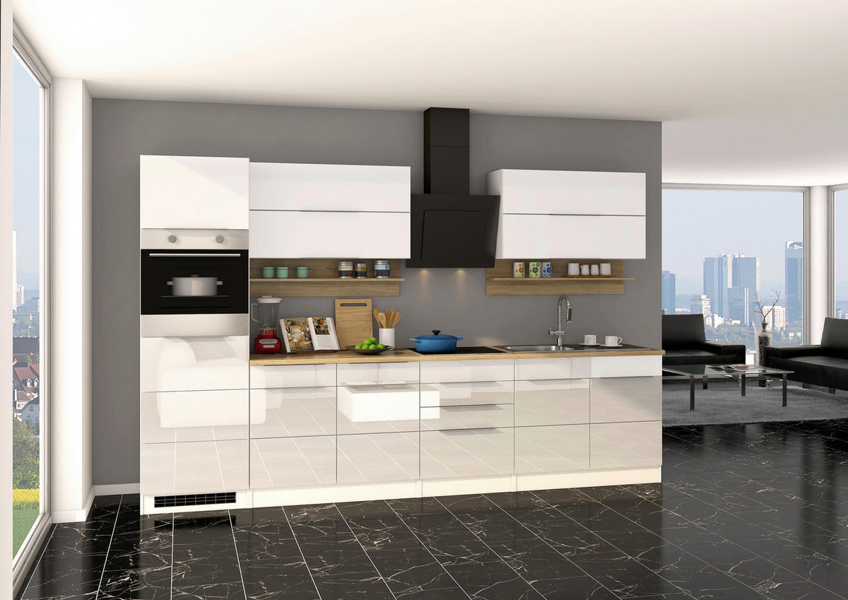 KÜCHENLEERBLOCK 320 cm   in Weiß, Sonoma Eiche, Weiß Hochglanz  - Weiß Hochglanz/Alufarben, MODERN, Holzwerkstoff/Metall (320cm) - Held