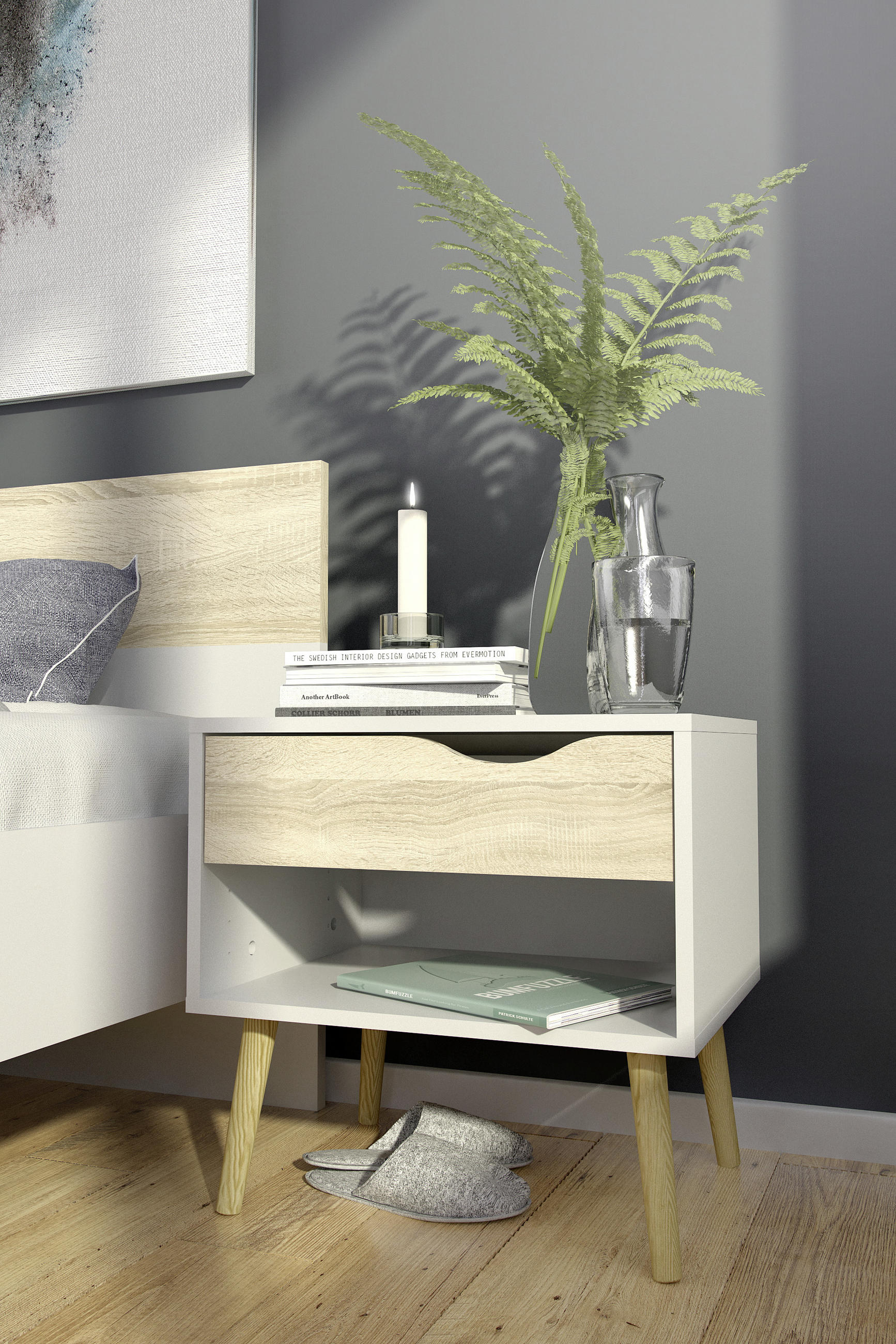 SÄNGBORD i vit, ekfärgad  - vit/ekfärgad, Design, trämaterial/trä (50,2/49,7/39,1cm) - Best Price