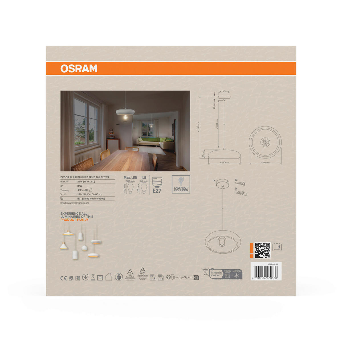 HÄNGELEUCHTE 28.3/114 cm  - Weiß, Basics, Stein/Metall (28.3/114cm) - Osram