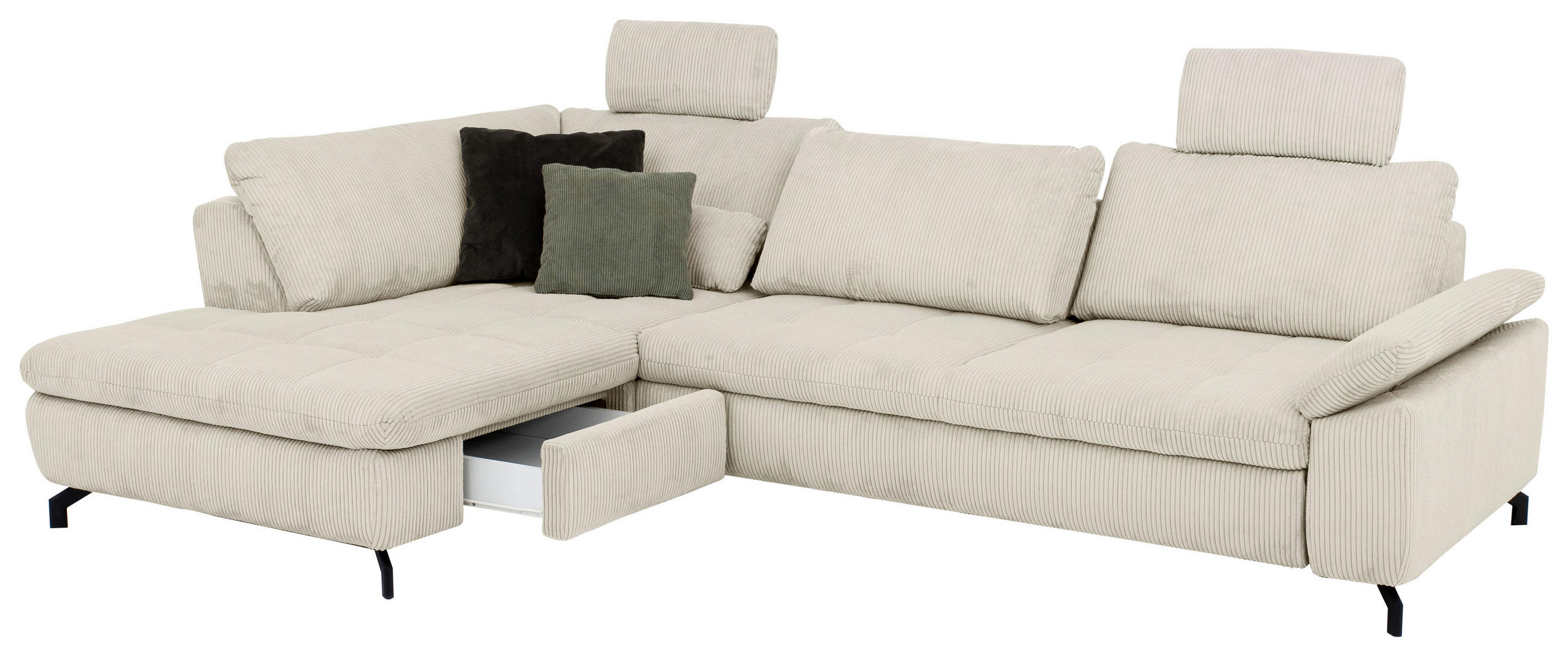 ECKSOFA in Cord, Velours Creme, Naturfarben  - Creme/Schwarz, Design, Textil/Metall (197/291cm) - Beldomo Style