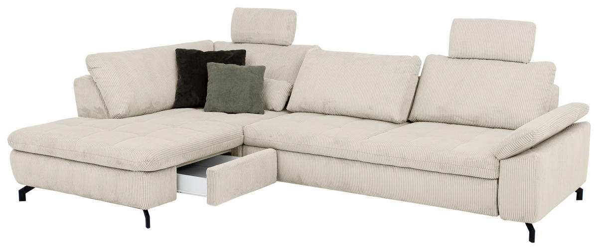 ECKSOFA in Cord, Velours Creme, Naturfarben  - Creme/Schwarz, Design, Textil/Metall (197/291cm) - Beldomo Style