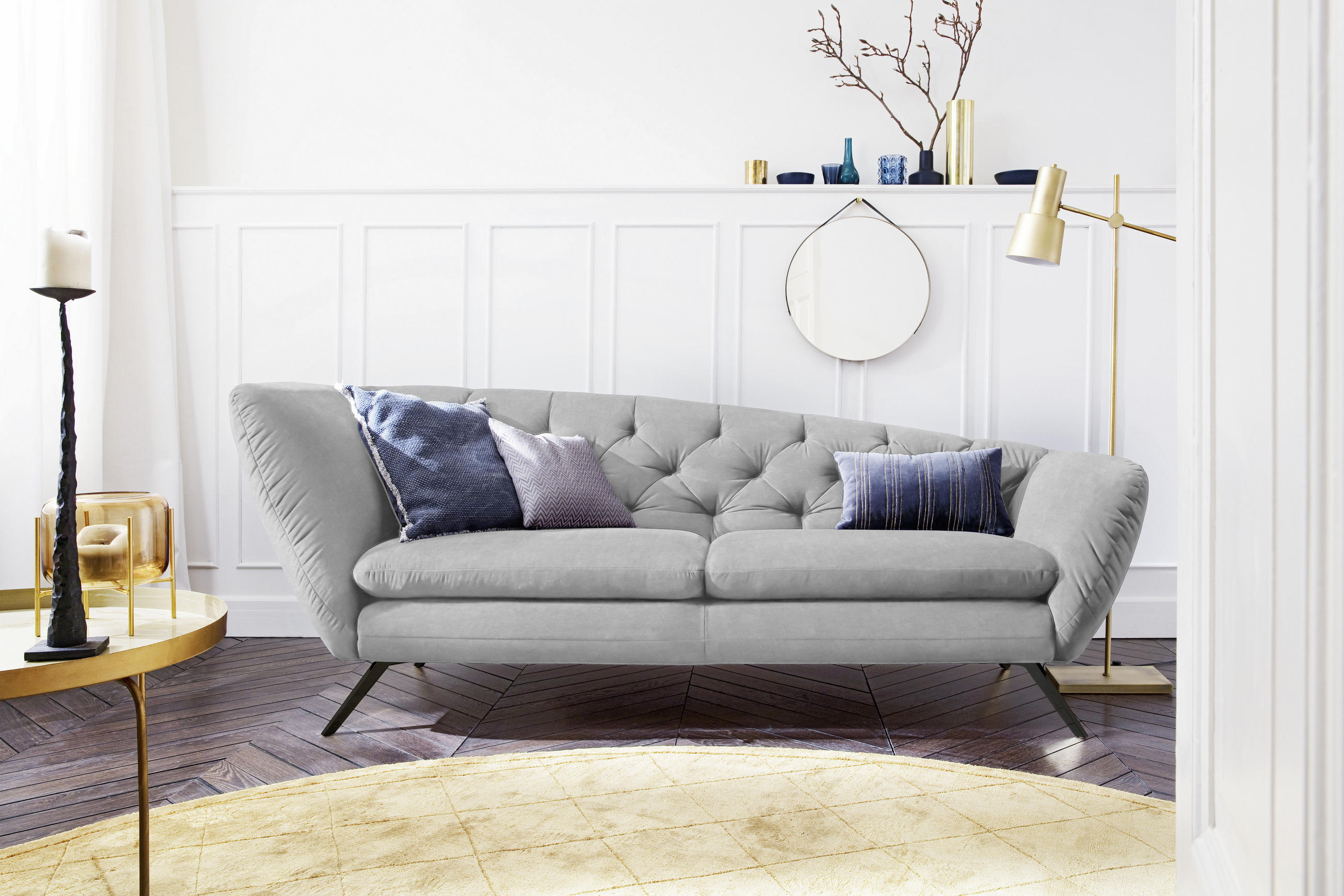 CHESTERFIELD-SOFA Mikrofaser Hellgrau  - Hellgrau/Schwarz, Design, Textil/Metall (223/84/90cm) - Pure Home Lifestyle