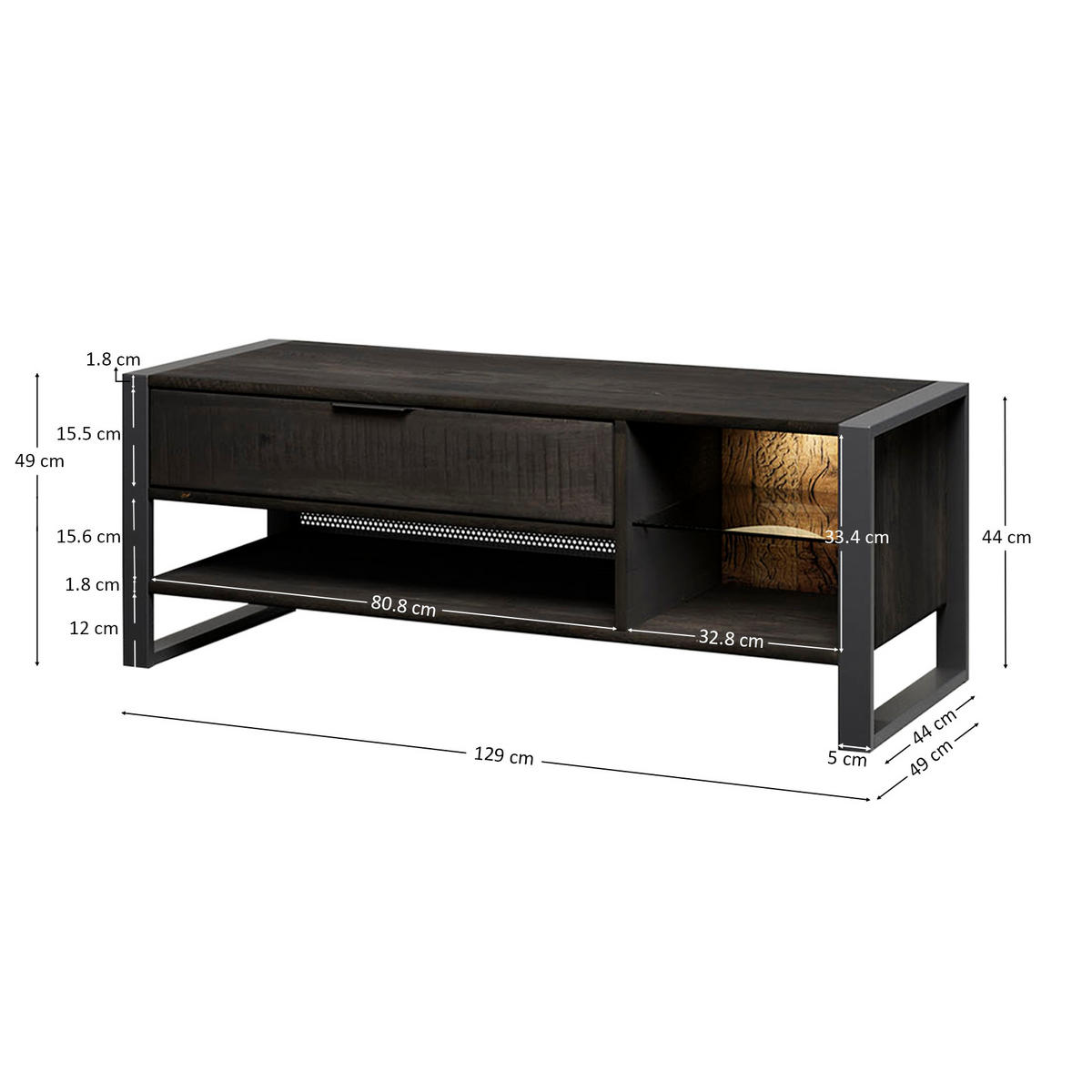 COMODĂ JOASĂ 129/49/40 cm  - antracit/negru, Basics, lemn/metal (129/49/40cm) - Livetastic