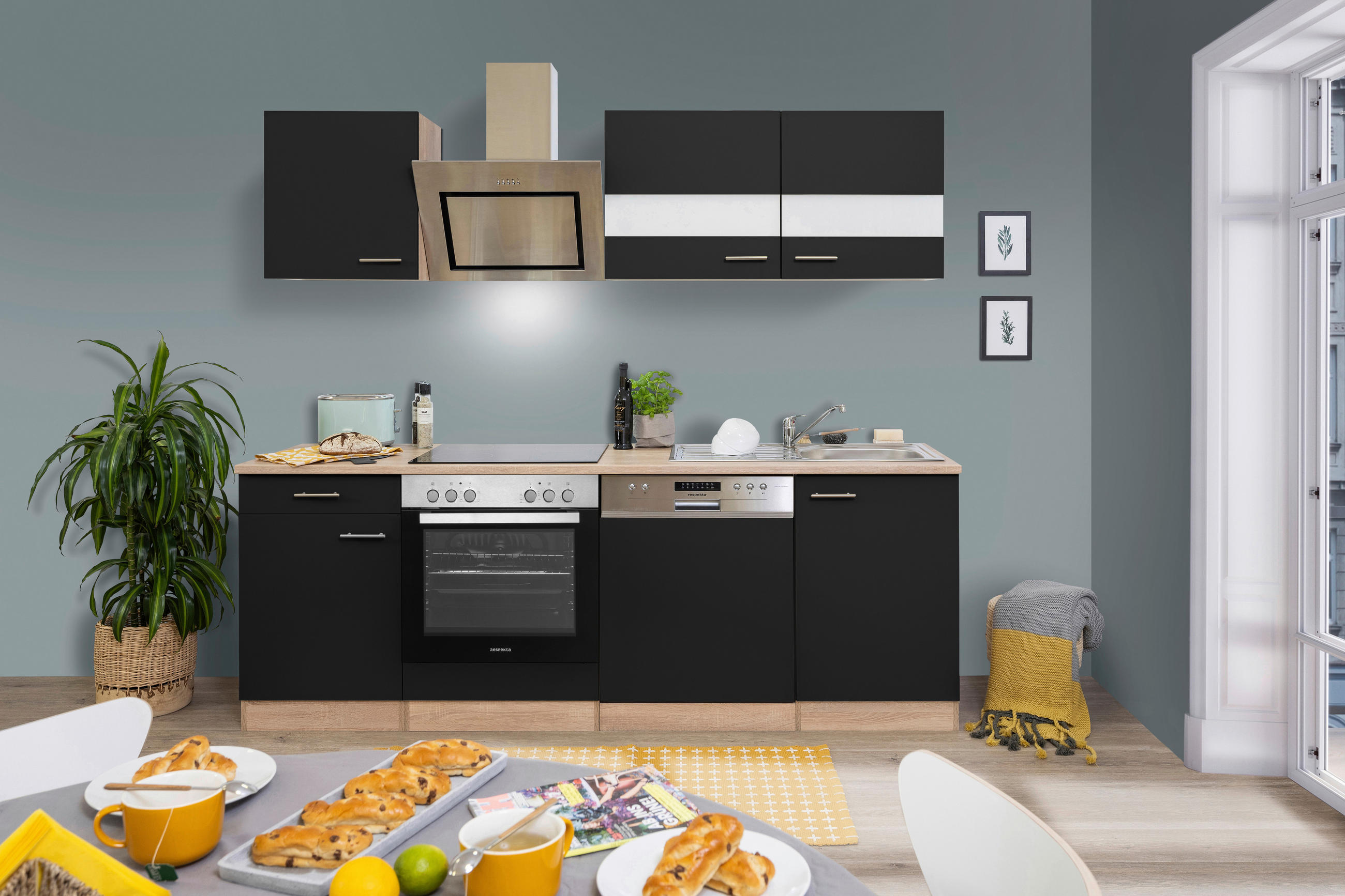 KÜCHENBLOCK 220 cm   in Schwarz  - Edelstahlfarben/Eichefarben, Basics, Holzwerkstoff/Metall (220cm) - Respekta