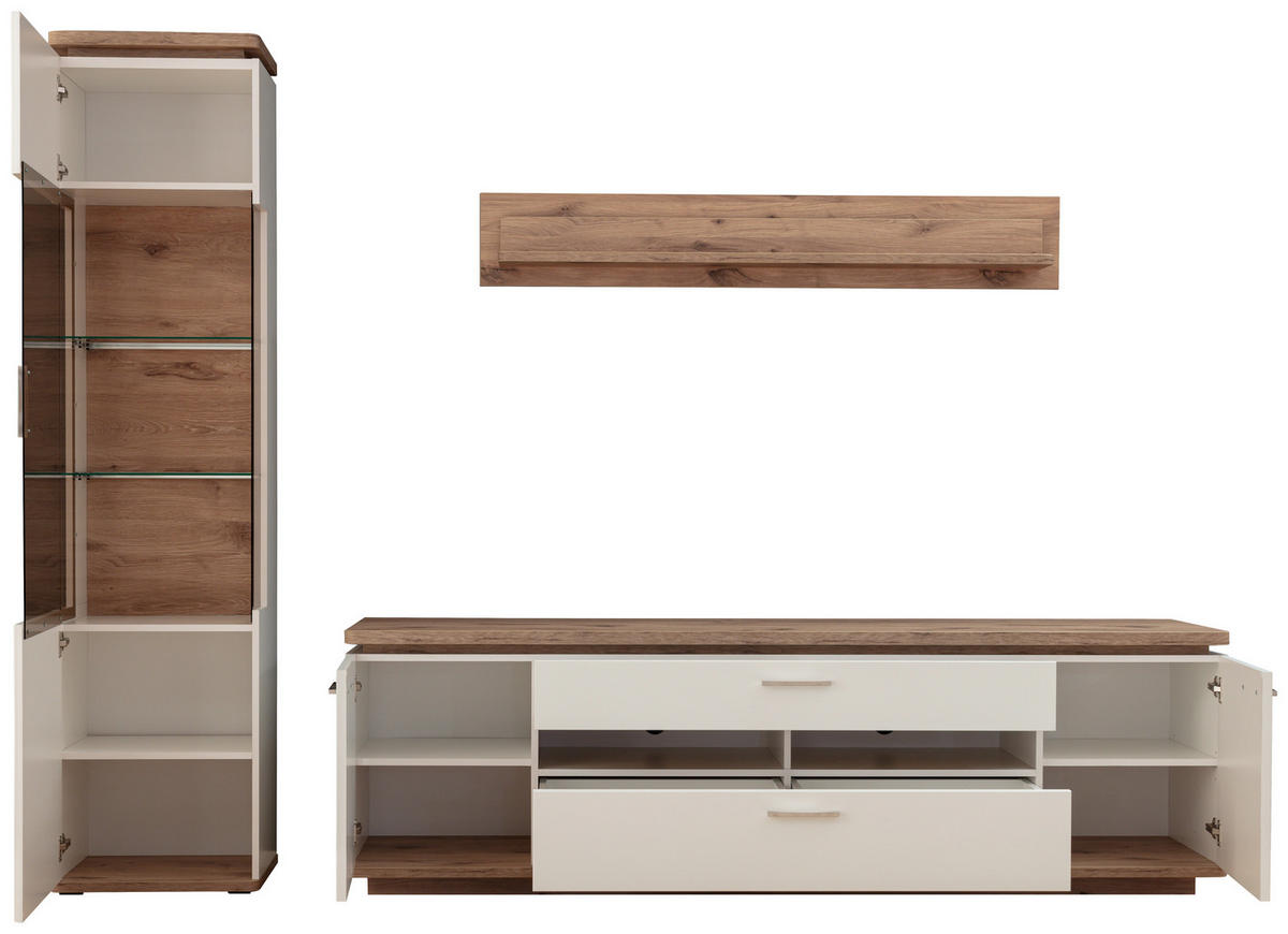 WOHNWAND  in Weiss, Eichefarben 270/208/50 cm  - Weiss/Eichefarben, Design, Glas/Holzwerkstoff (270/208/50cm) - Livetastic