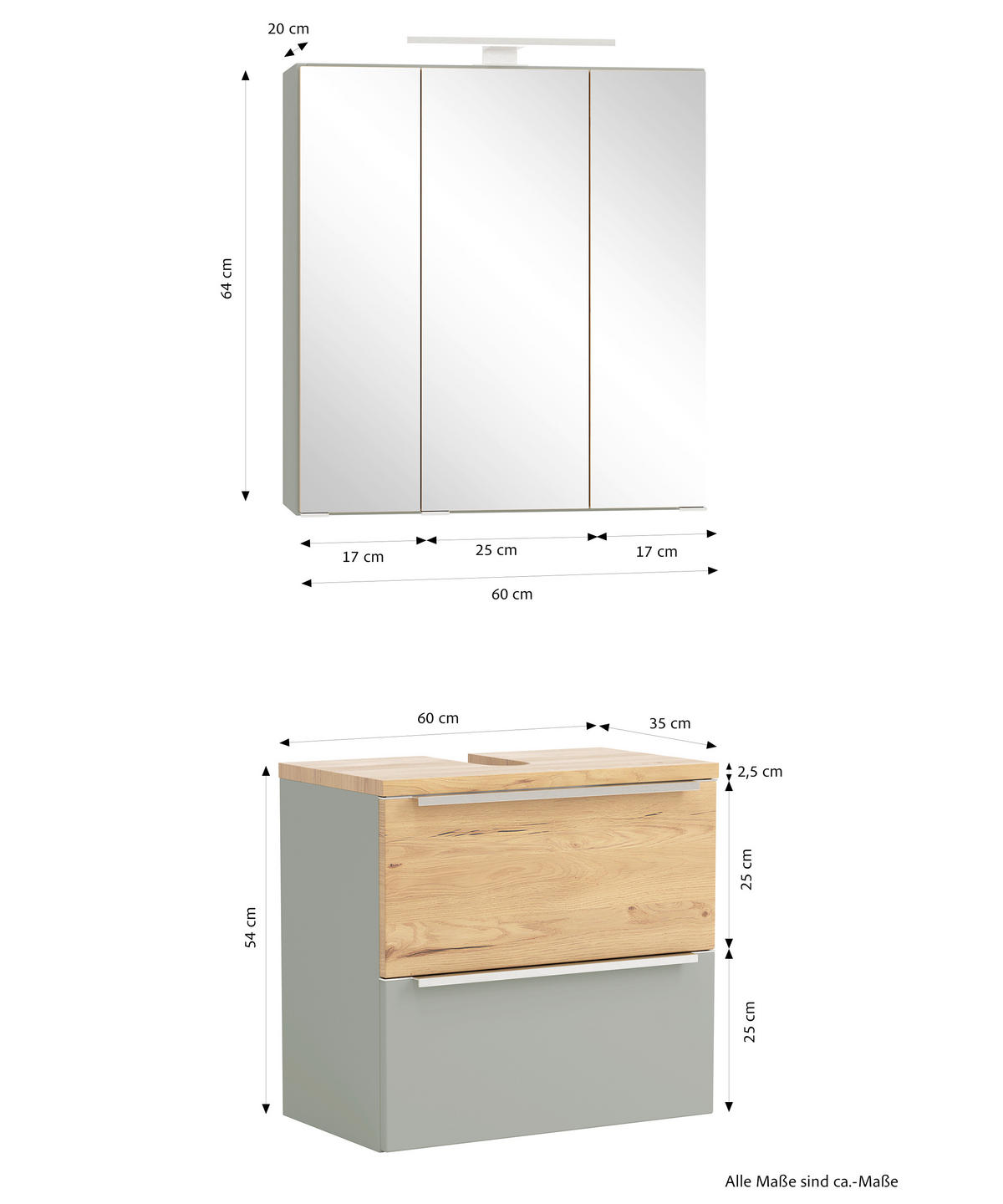 BADEZIMMER 2-teilig  in 60 cm  - Schilfgrün/Wildeiche, Trend, Glas/Holzwerkstoff (60cm) - Held